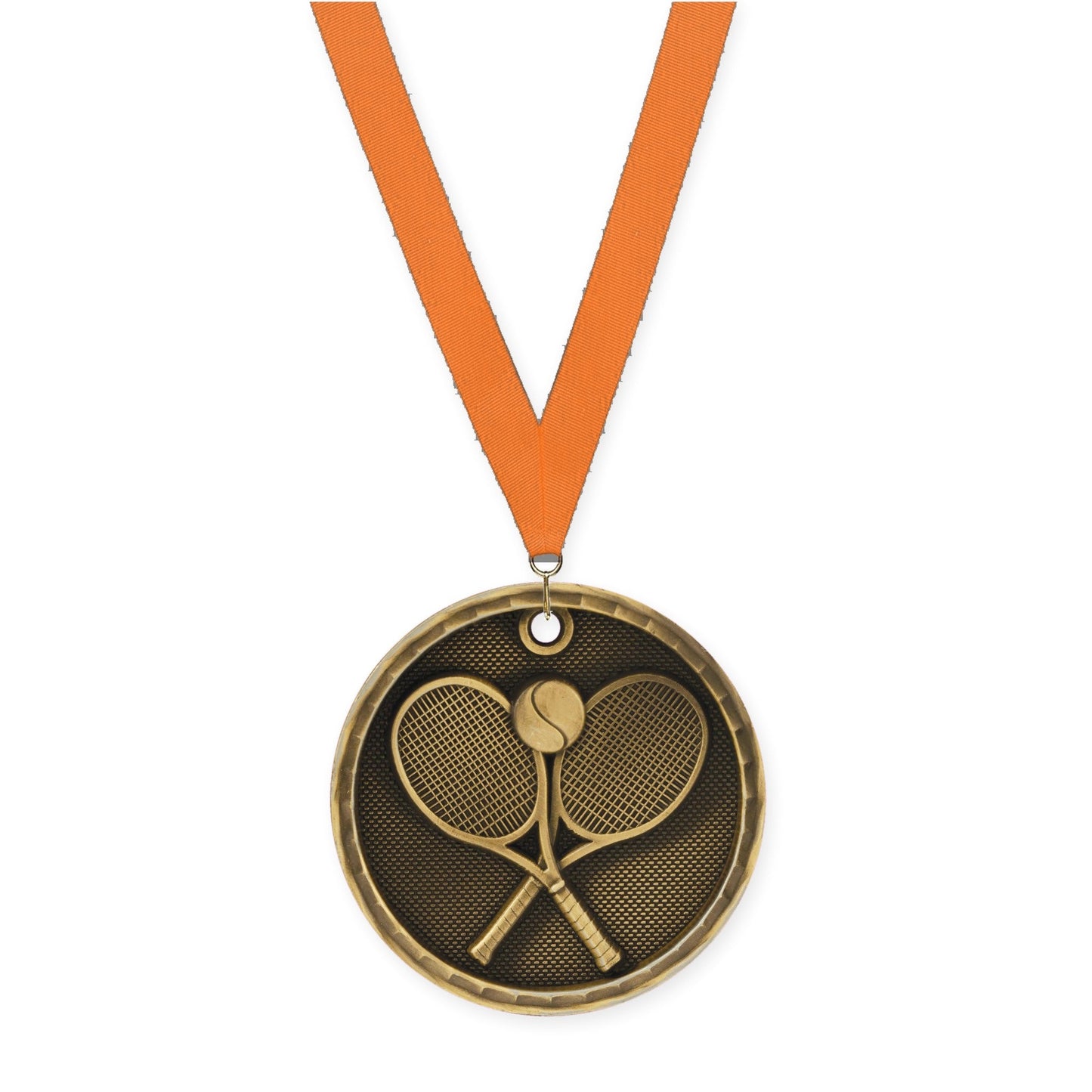 2 inch tennis 3-D medal in antique gold with Orange neck ribbon