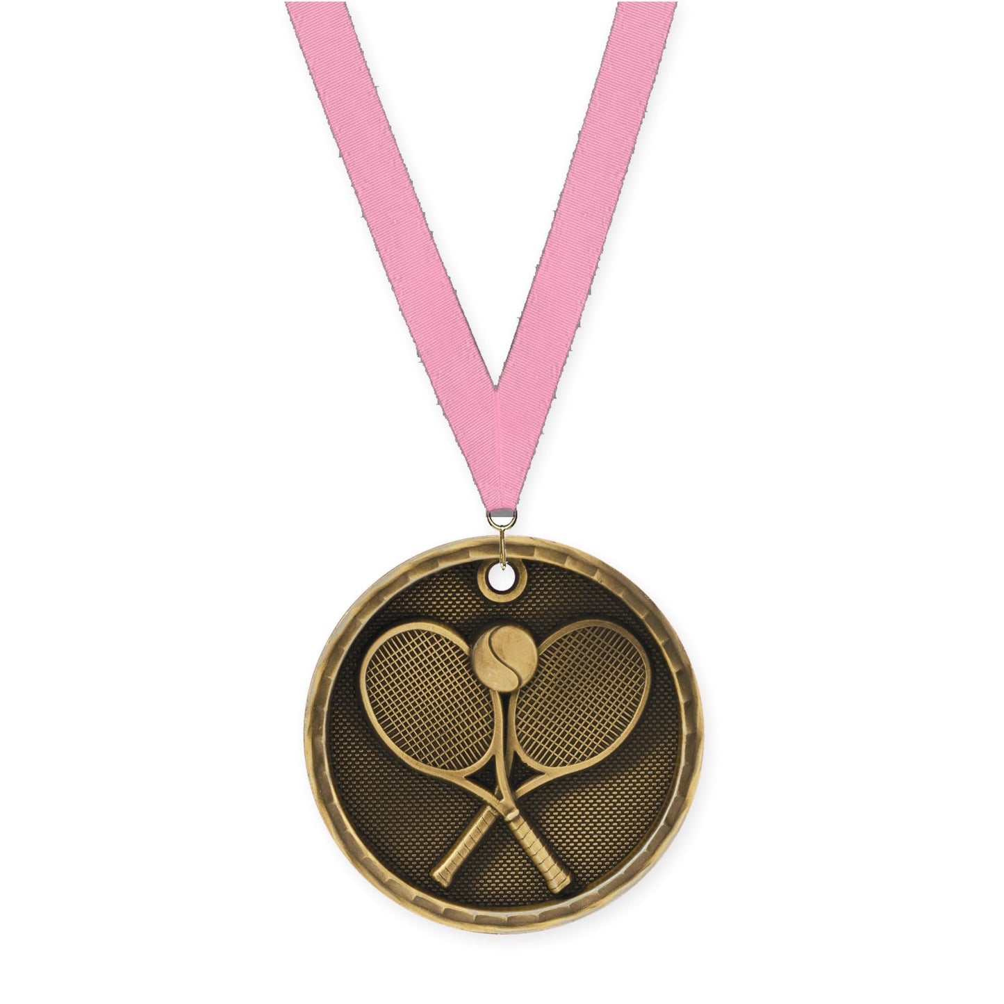 2 inch tennis 3-D medal in antique gold with Pink neck ribbon