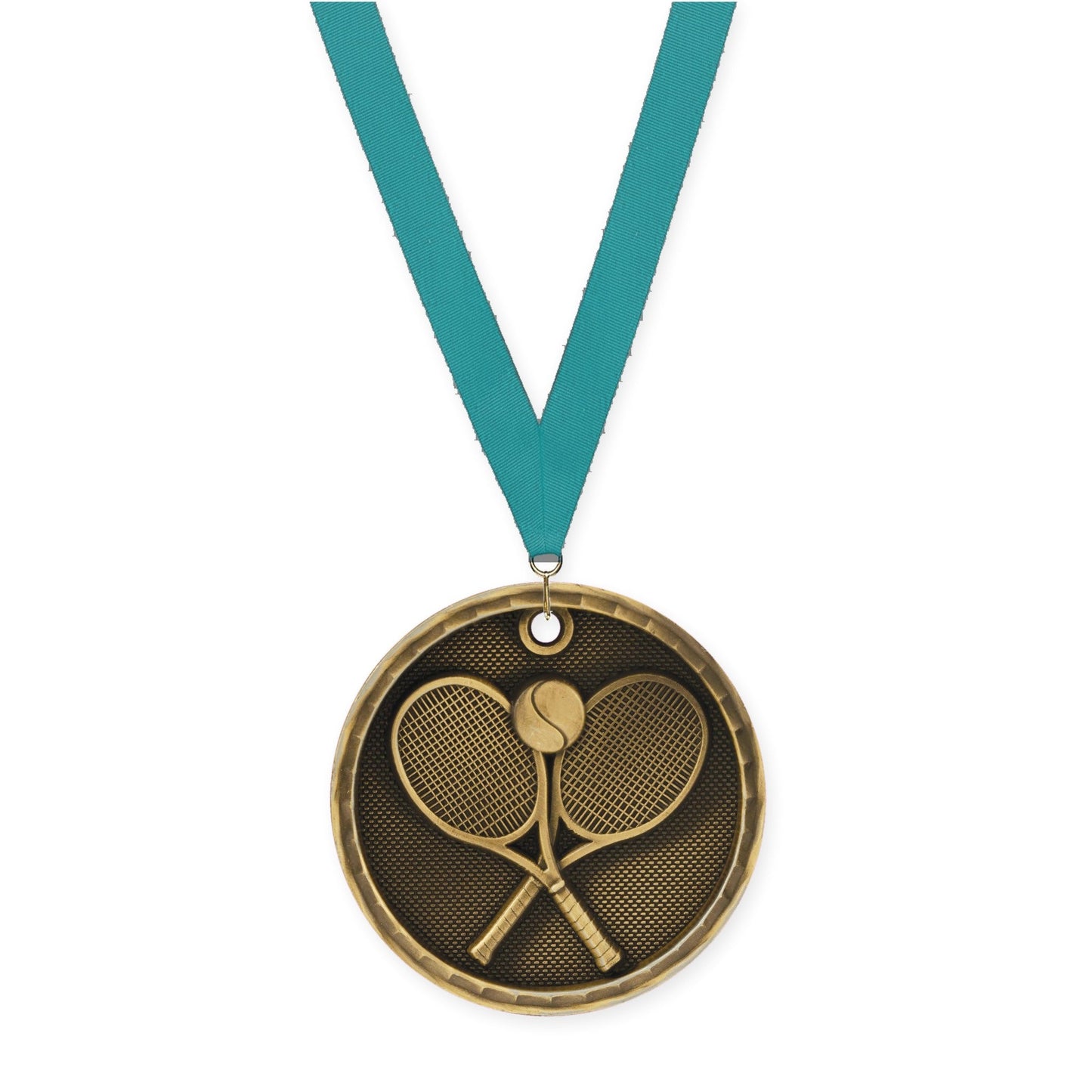 2 inch tennis 3-D medal in antique gold with Teal neck ribbon