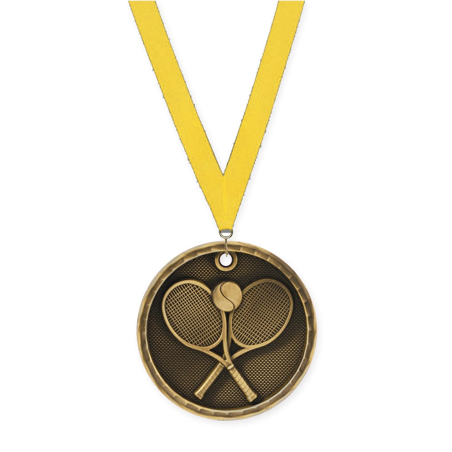 2 inch tennis 3-D medal in antique gold with Yellow neck ribbon