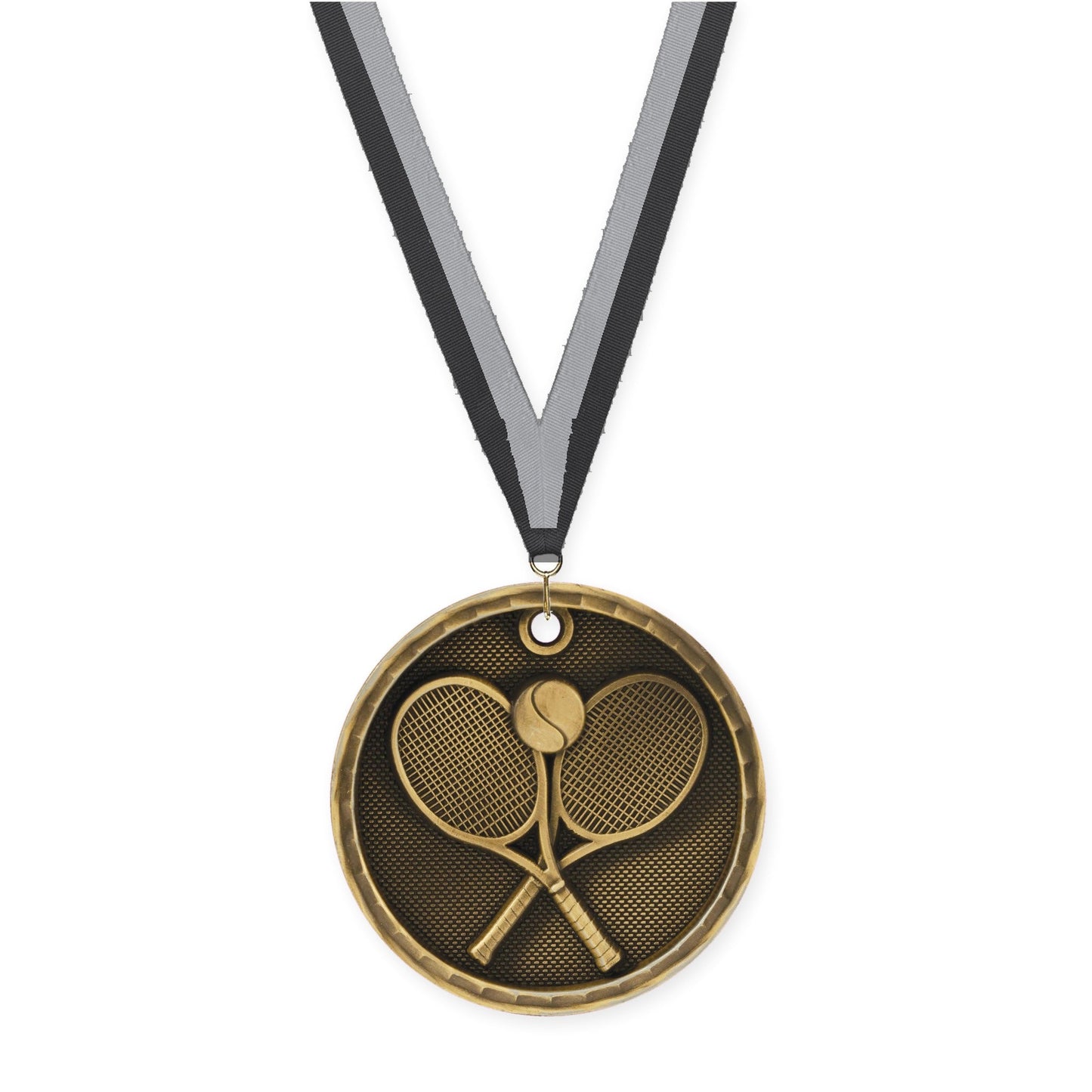 2 inch tennis 3-D medal in antique gold with Black Gray neck ribbon