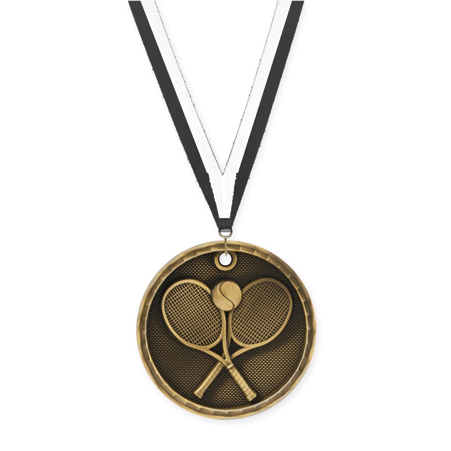2 inch tennis 3-D medal in antique gold with Black White neck ribbon