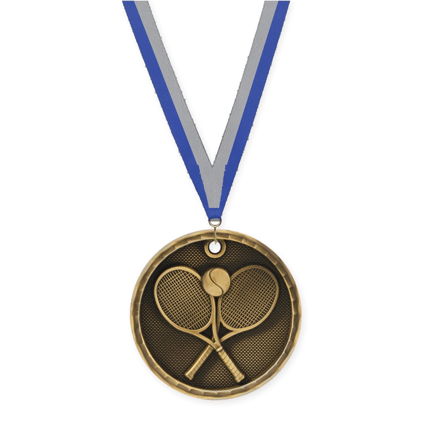 2 inch tennis 3-D medal in antique gold with Blue Gray neck ribbon