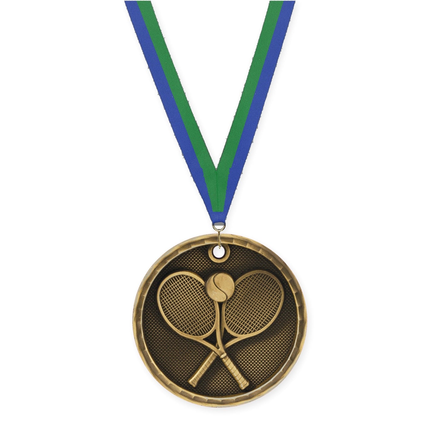 2 inch tennis 3-D medal in antique gold with Blue Green neck ribbon
