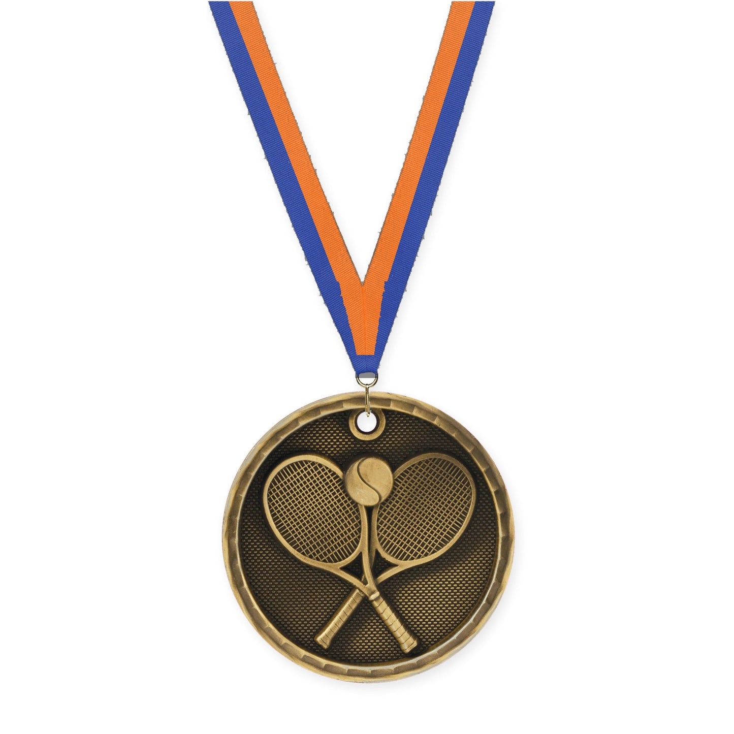 2 inch tennis 3-D medal in antique gold with Blue Orange neck ribbon