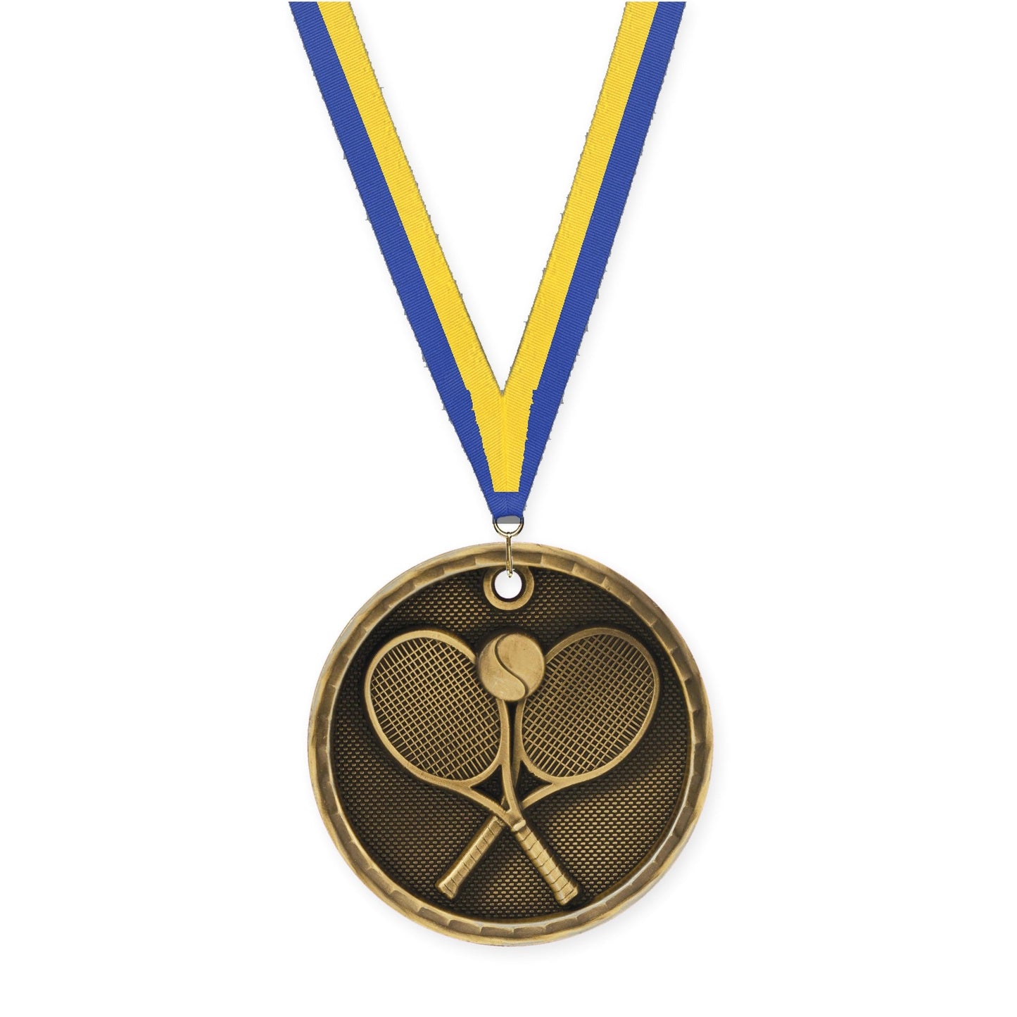 2 inch tennis 3-D medal in antique gold with Blue Yellow neck ribbon