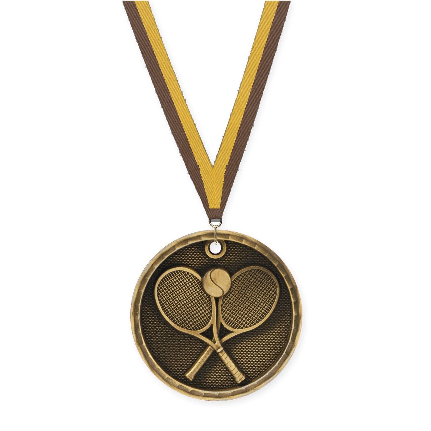 2 inch tennis 3-D medal in antique gold with Brown Gold neck ribbon