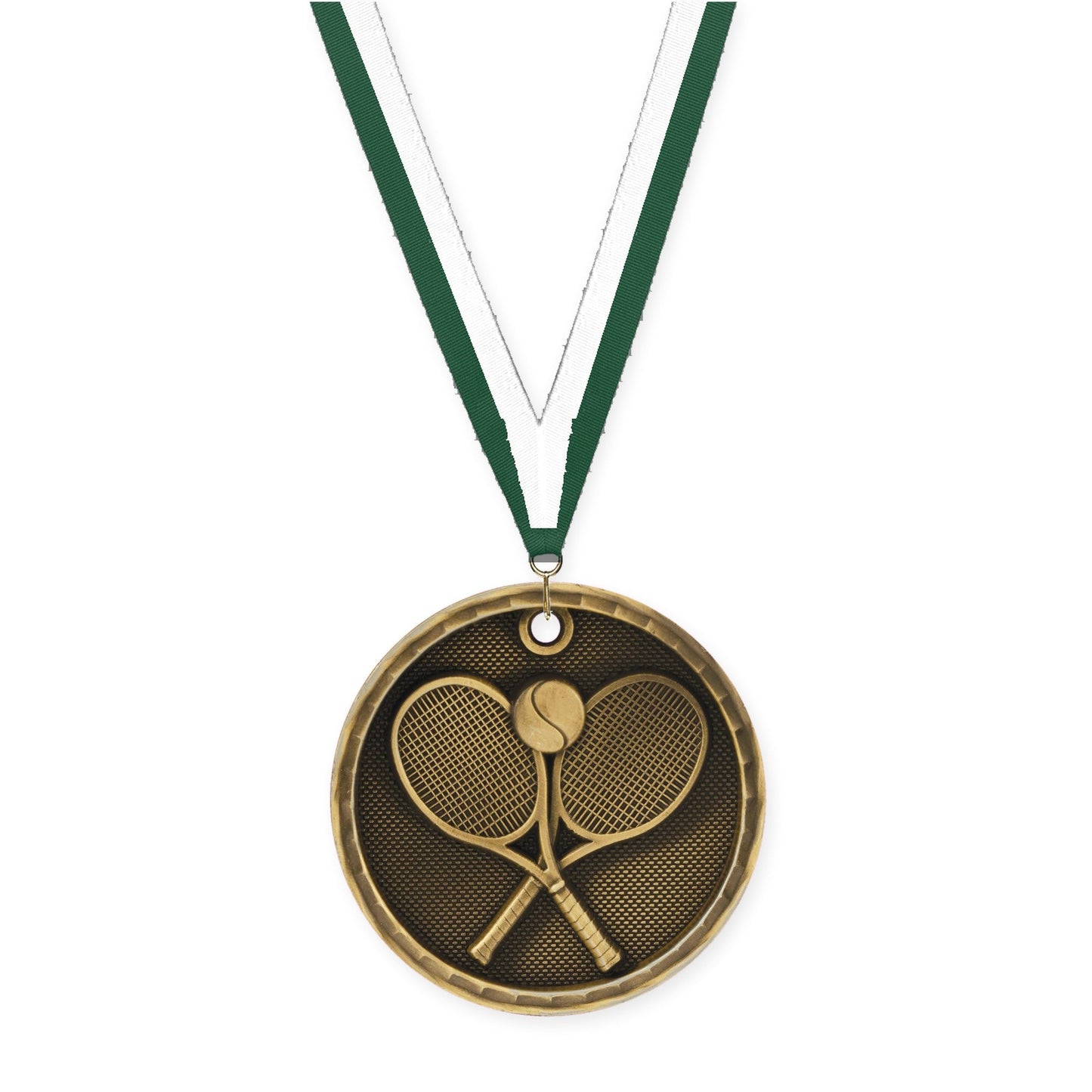 2 inch tennis 3-D medal in antique gold with Hunter Green White neck ribbon