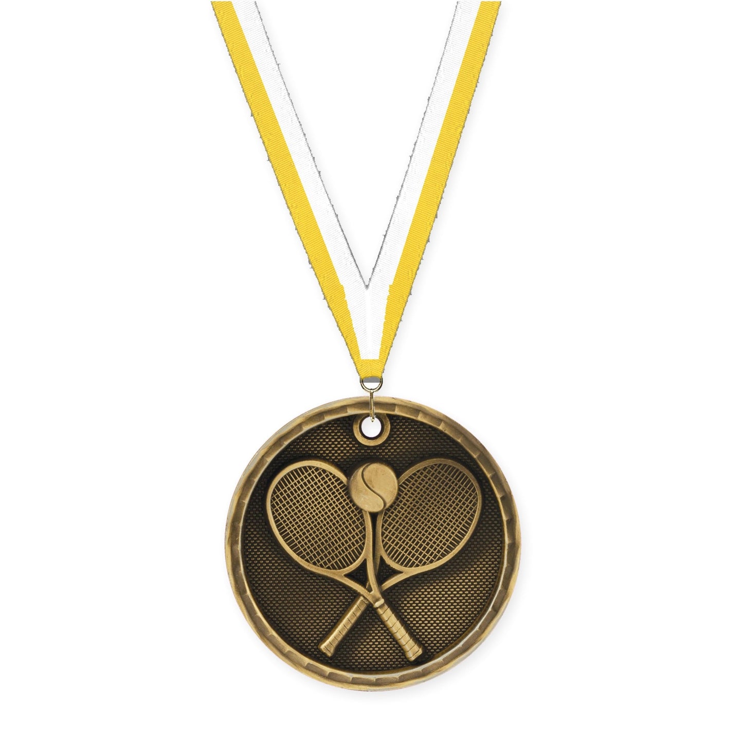 2 inch tennis 3-D medal in antique gold with Yellow White neck ribbon