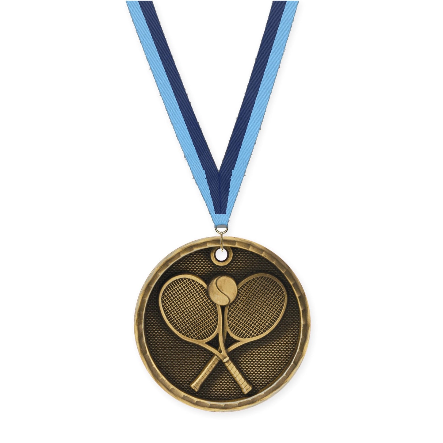 2 inch tennis 3-D medal in antique gold with Light Blue Navy neck ribbon
