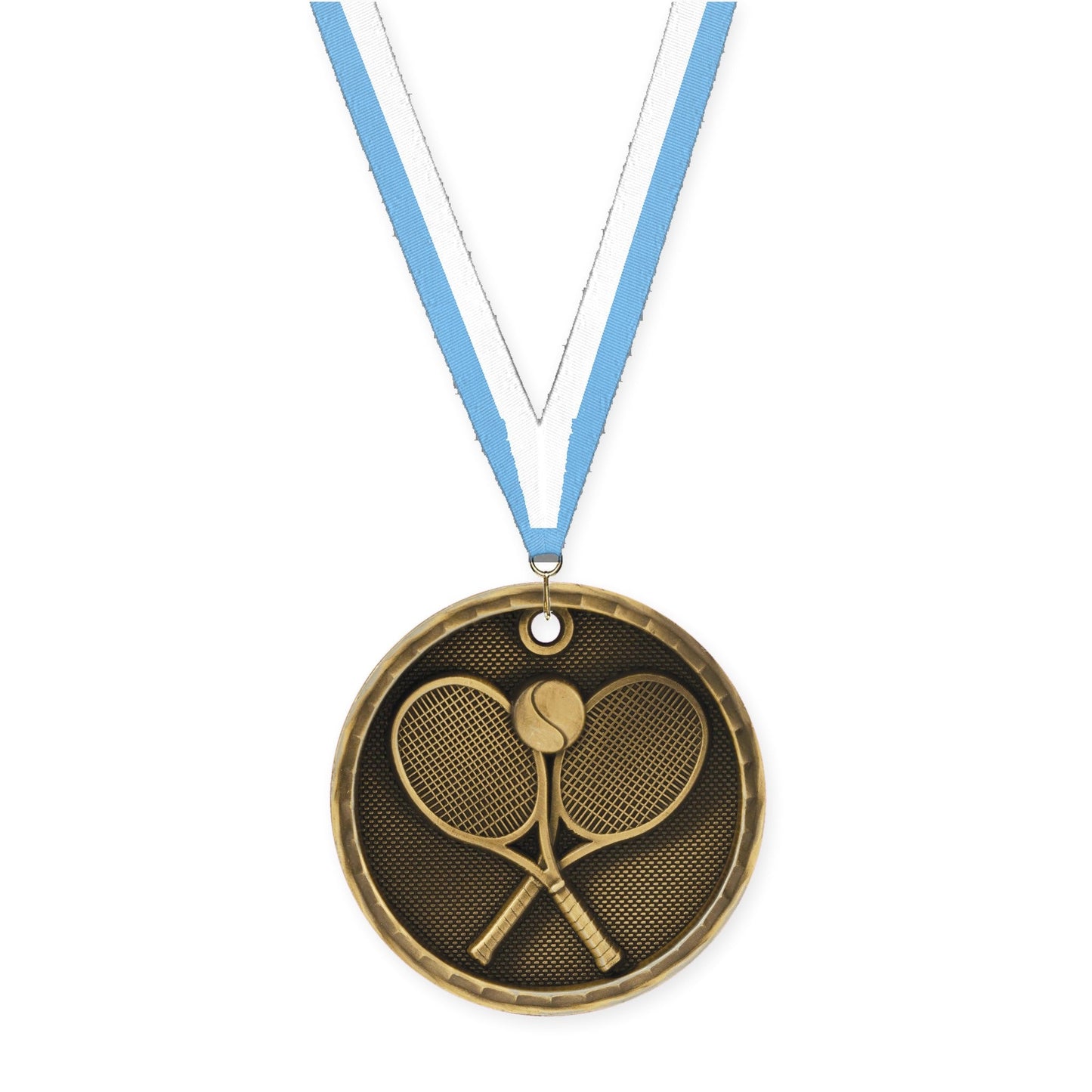 2 inch tennis 3-D medal in antique gold with Light Blue White neck ribbon