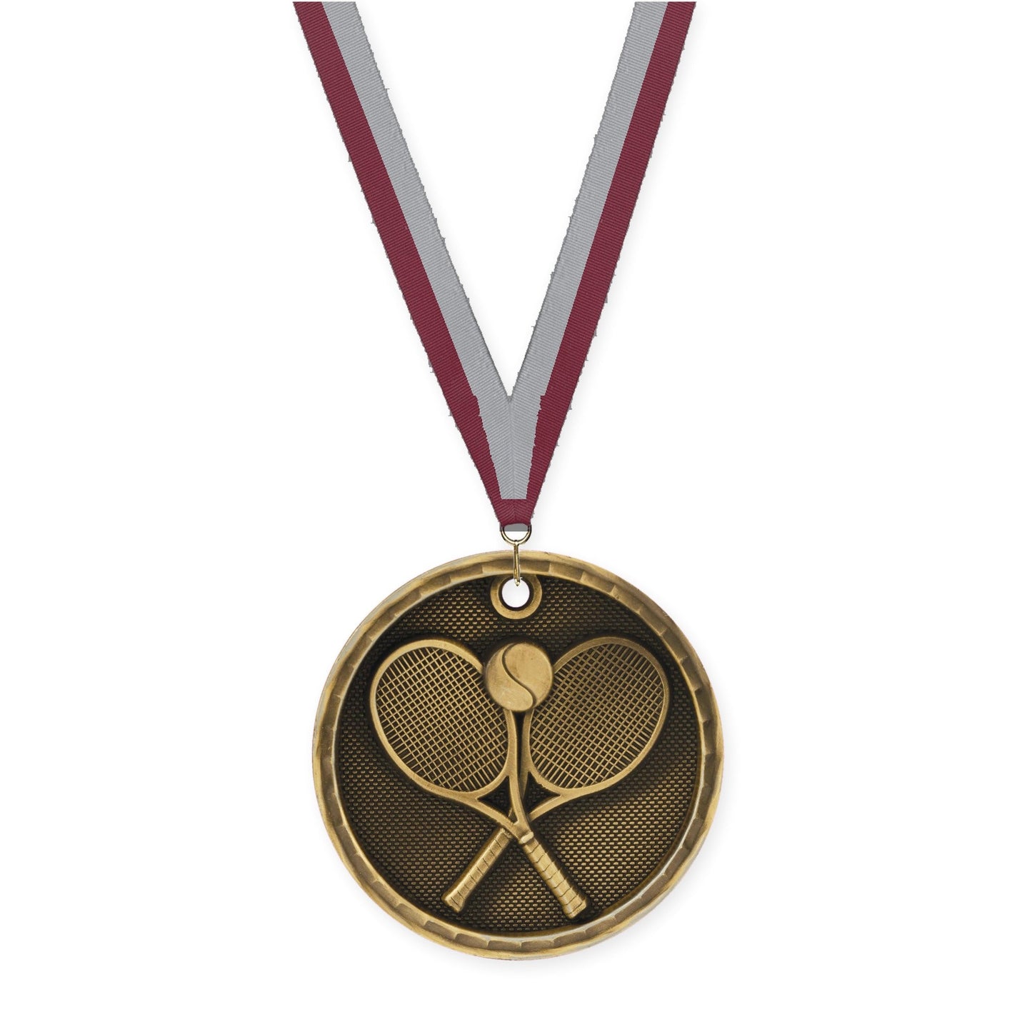 2 inch tennis 3-D medal in antique gold with Maroon Gray neck ribbon