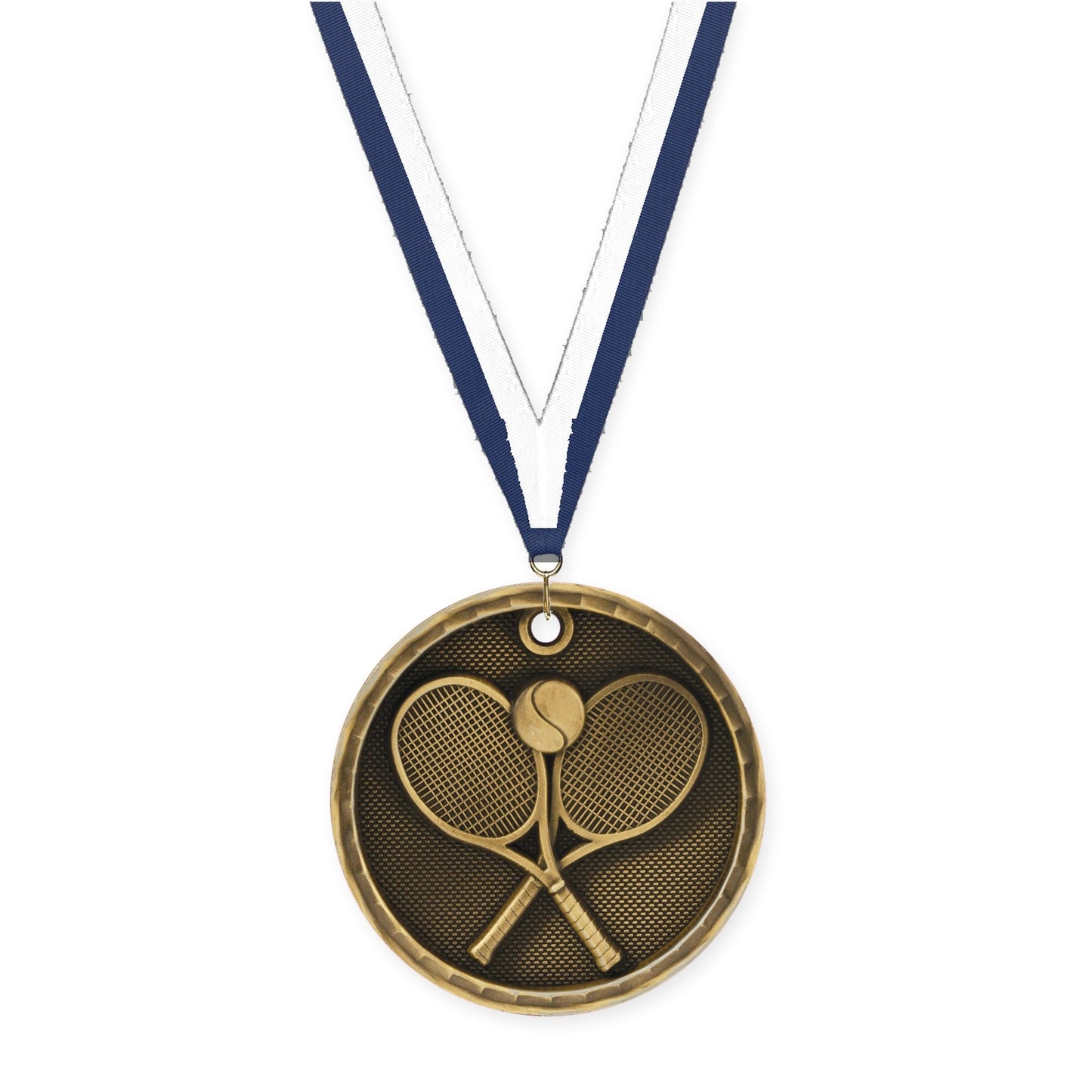 2 inch tennis 3-D medal in antique gold with Navy White neck ribbon