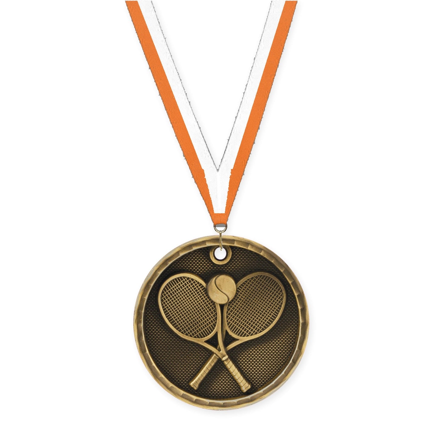 2 inch tennis 3-D medal in antique gold with Orange White neck ribbon