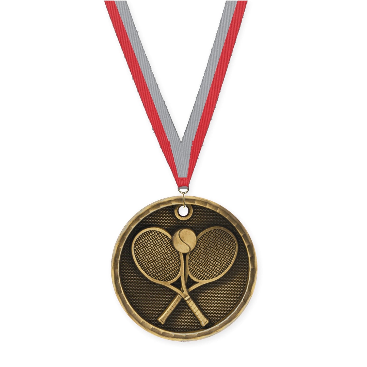 2 inch tennis 3-D medal in antique gold with Red Gray neck ribbon