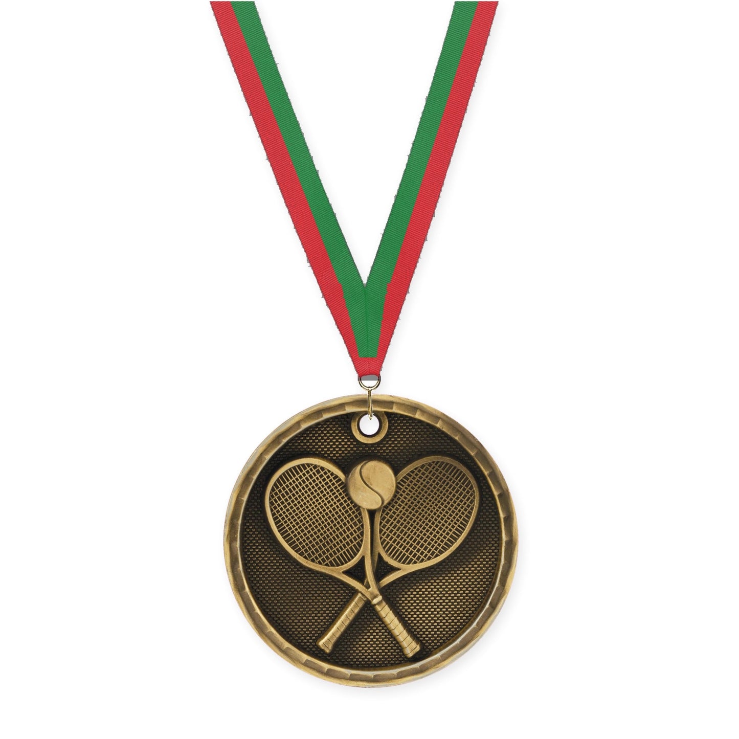 2 inch tennis 3-D medal in antique gold with Red Green neck ribbon