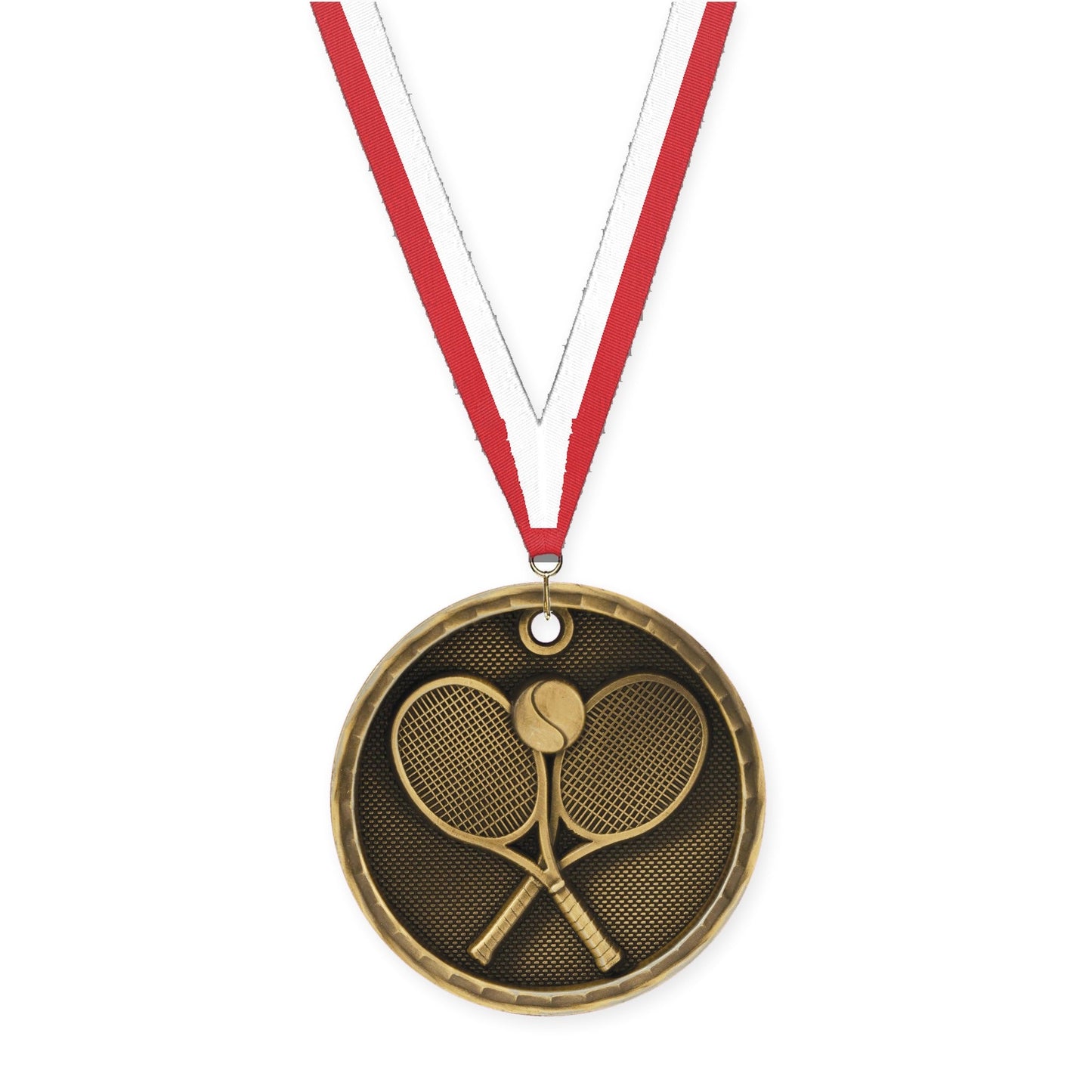 2 inch tennis 3-D medal in antique gold with Red White neck ribbon