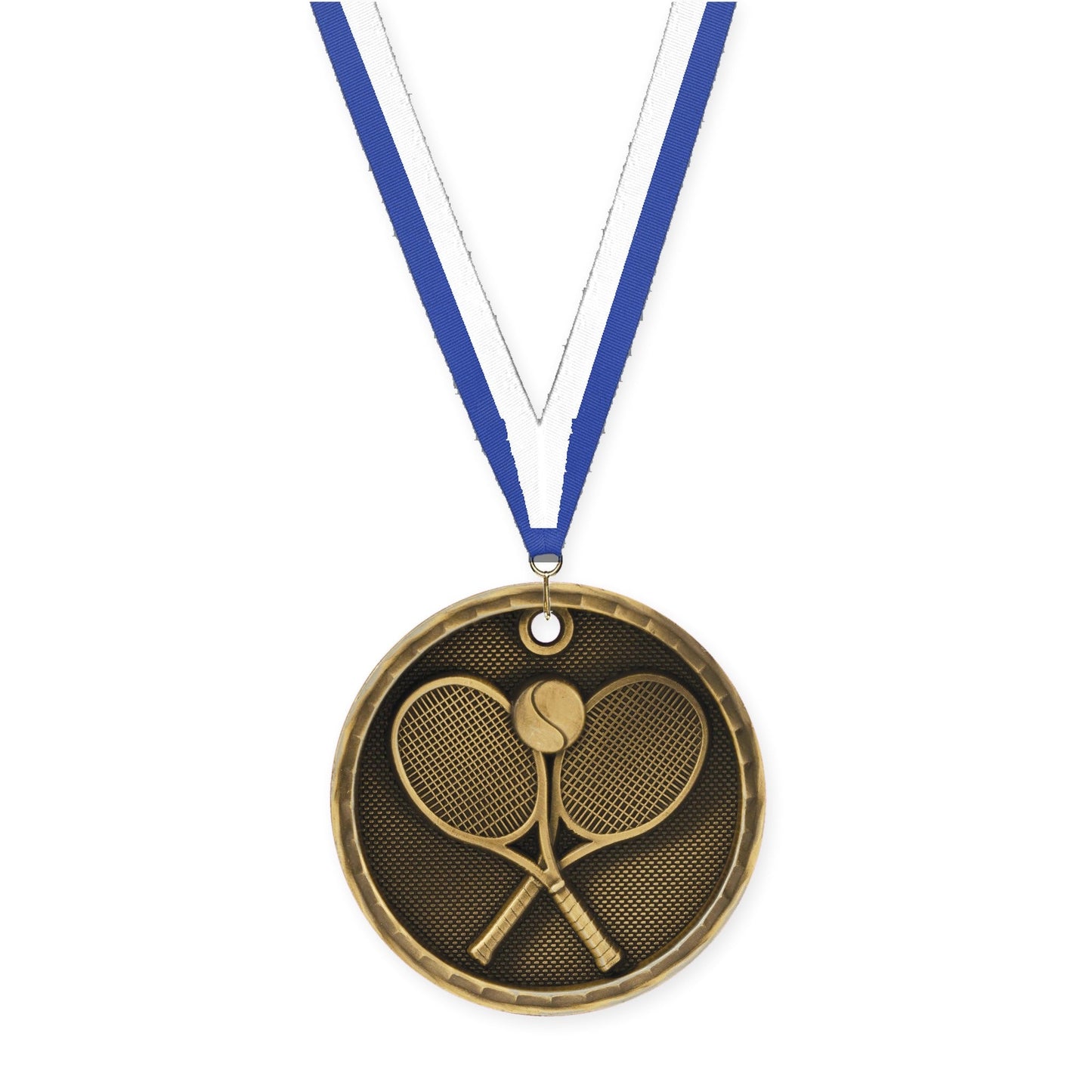 2 inch tennis 3-D medal in antique gold with Blue White neck ribbon