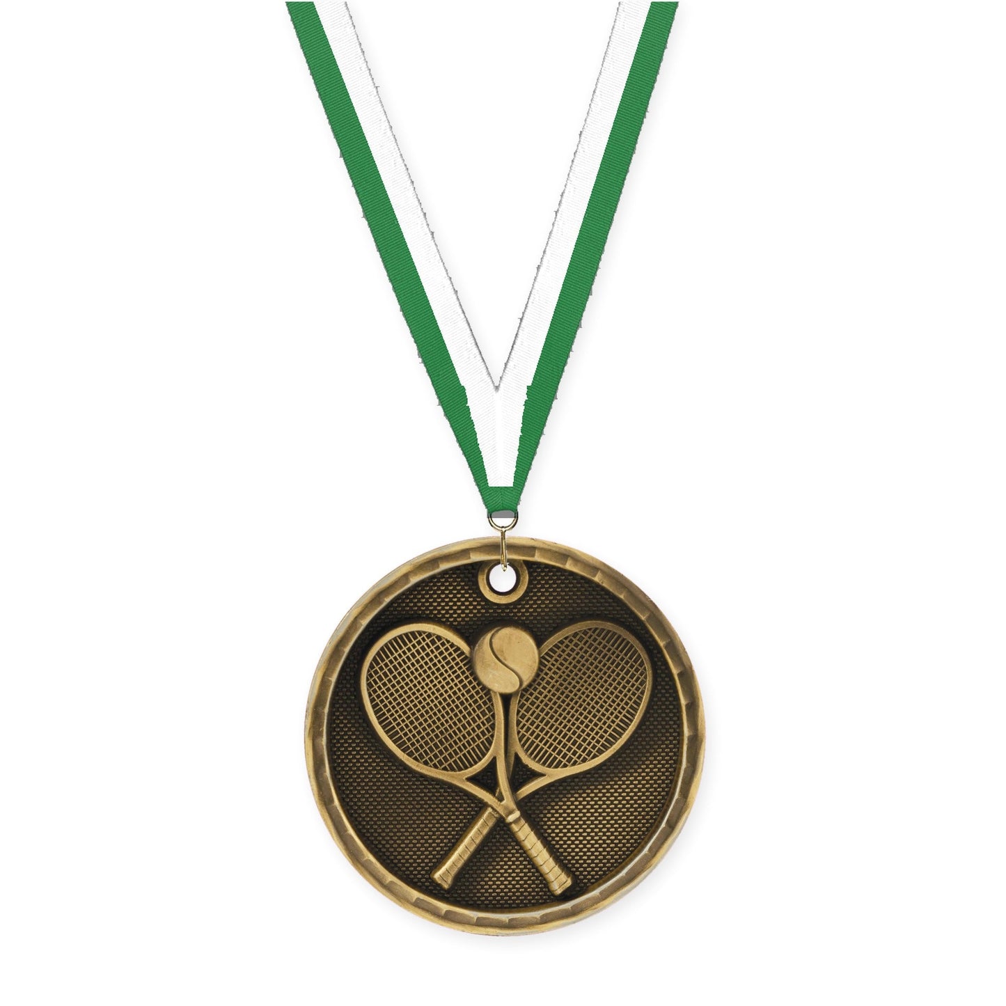 2 inch tennis 3-D medal in antique gold with Green White neck ribbon