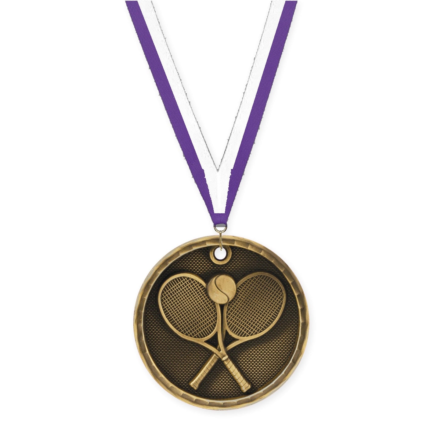 2 inch tennis 3-D medal in antique gold with Purple White neck ribbon