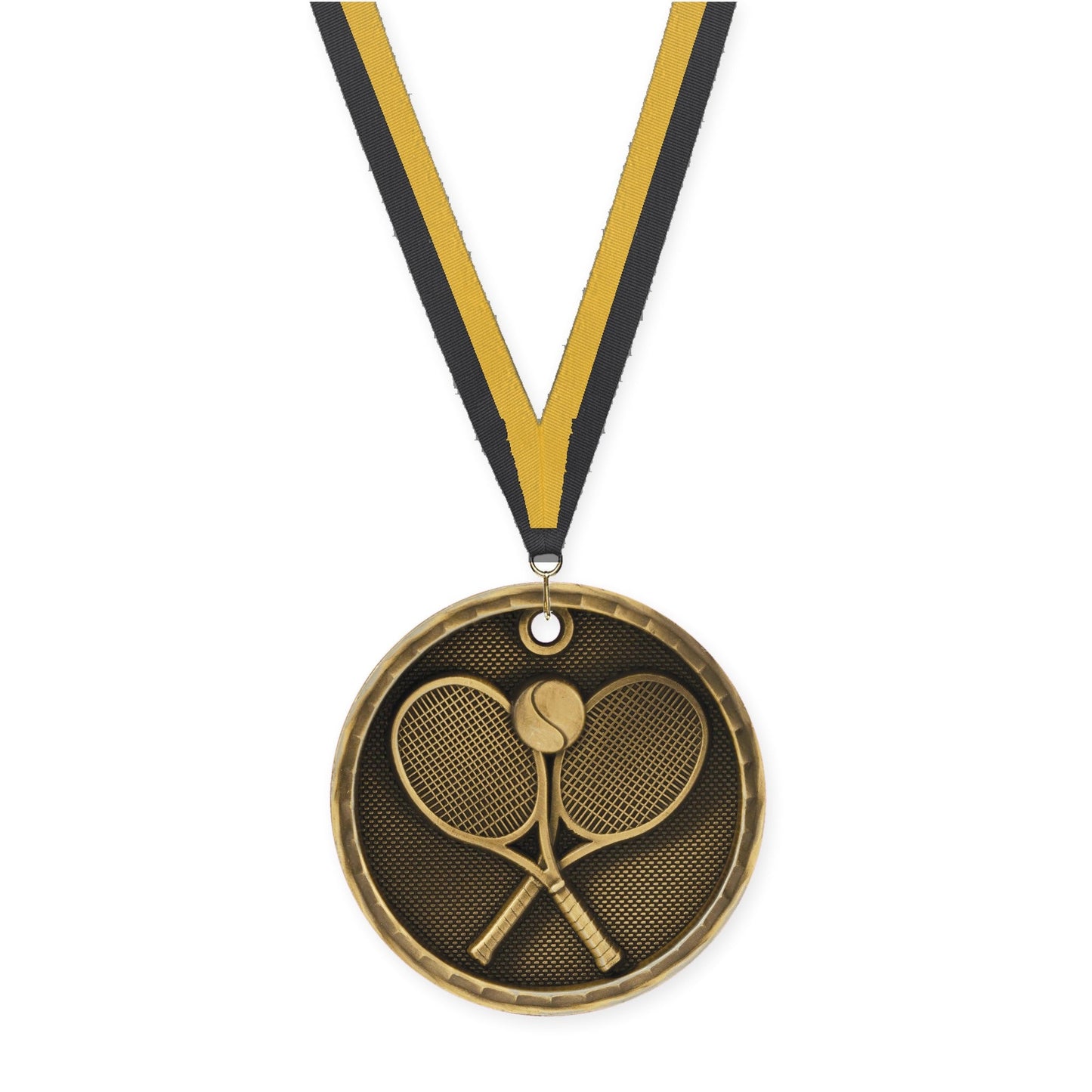2 inch tennis 3-D medal in antique gold with Black Gold neck ribbon