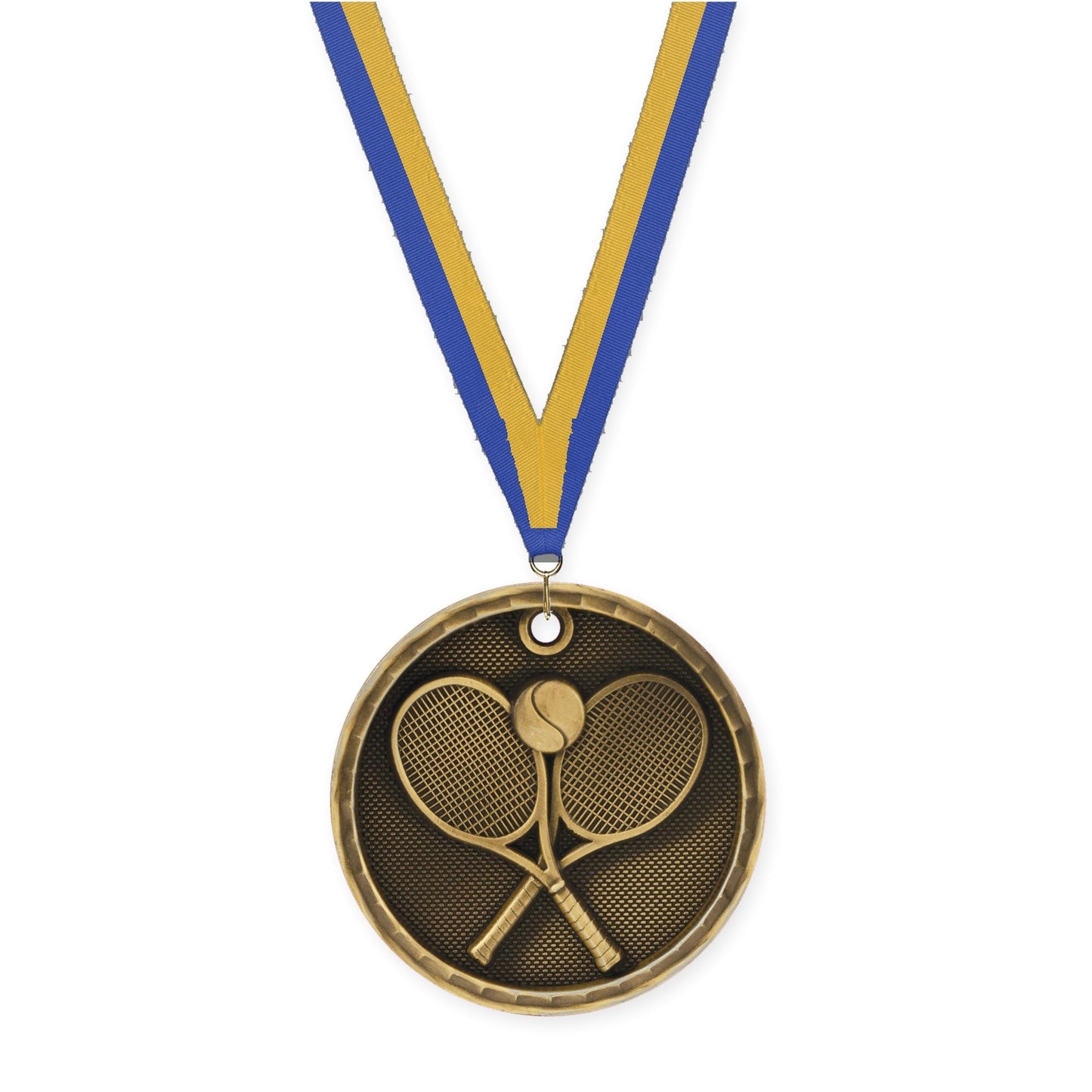 2 inch tennis 3-D medal in antique gold with Blue Gold neck ribbon