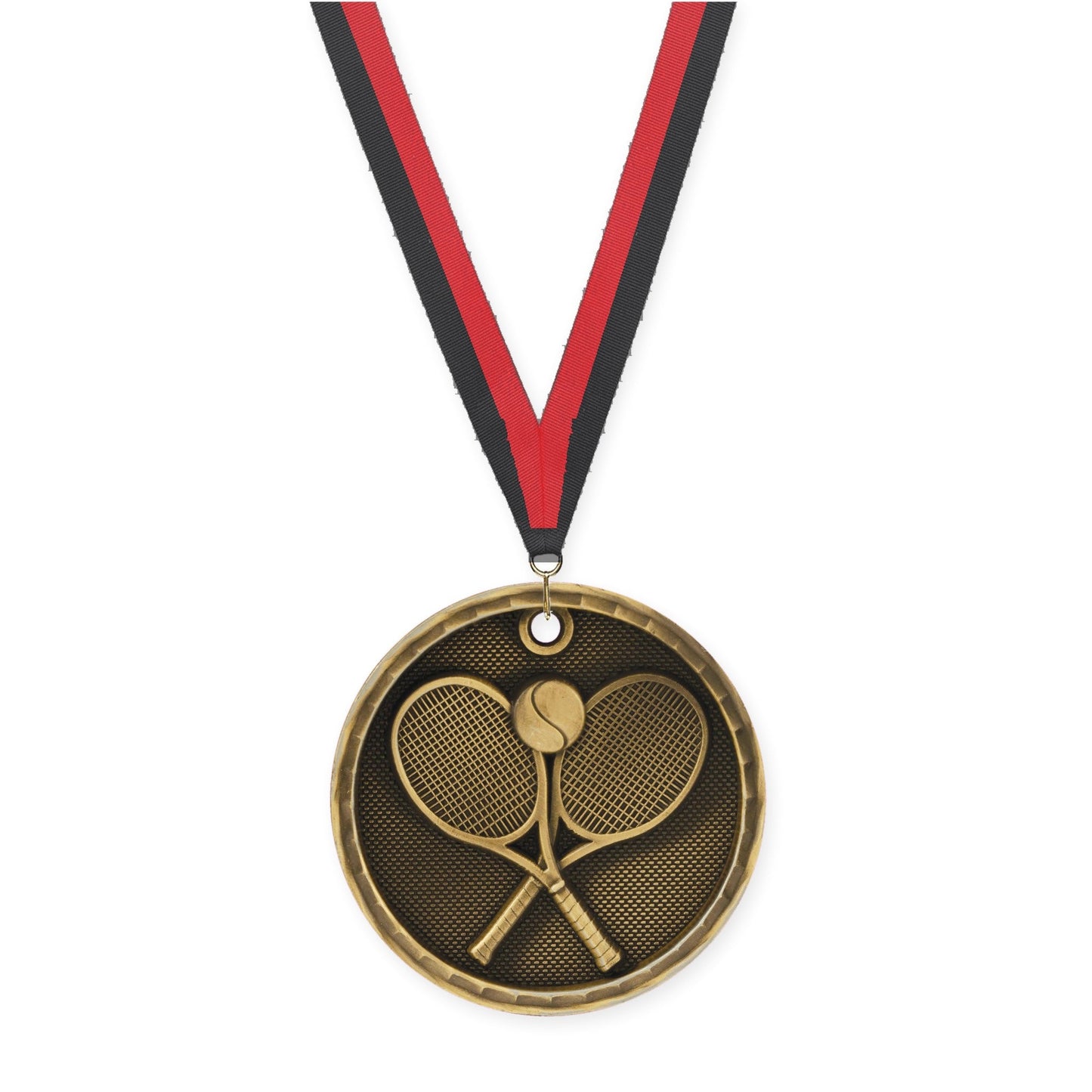 2 inch tennis 3-D medal in antique gold with Black Red neck ribbon