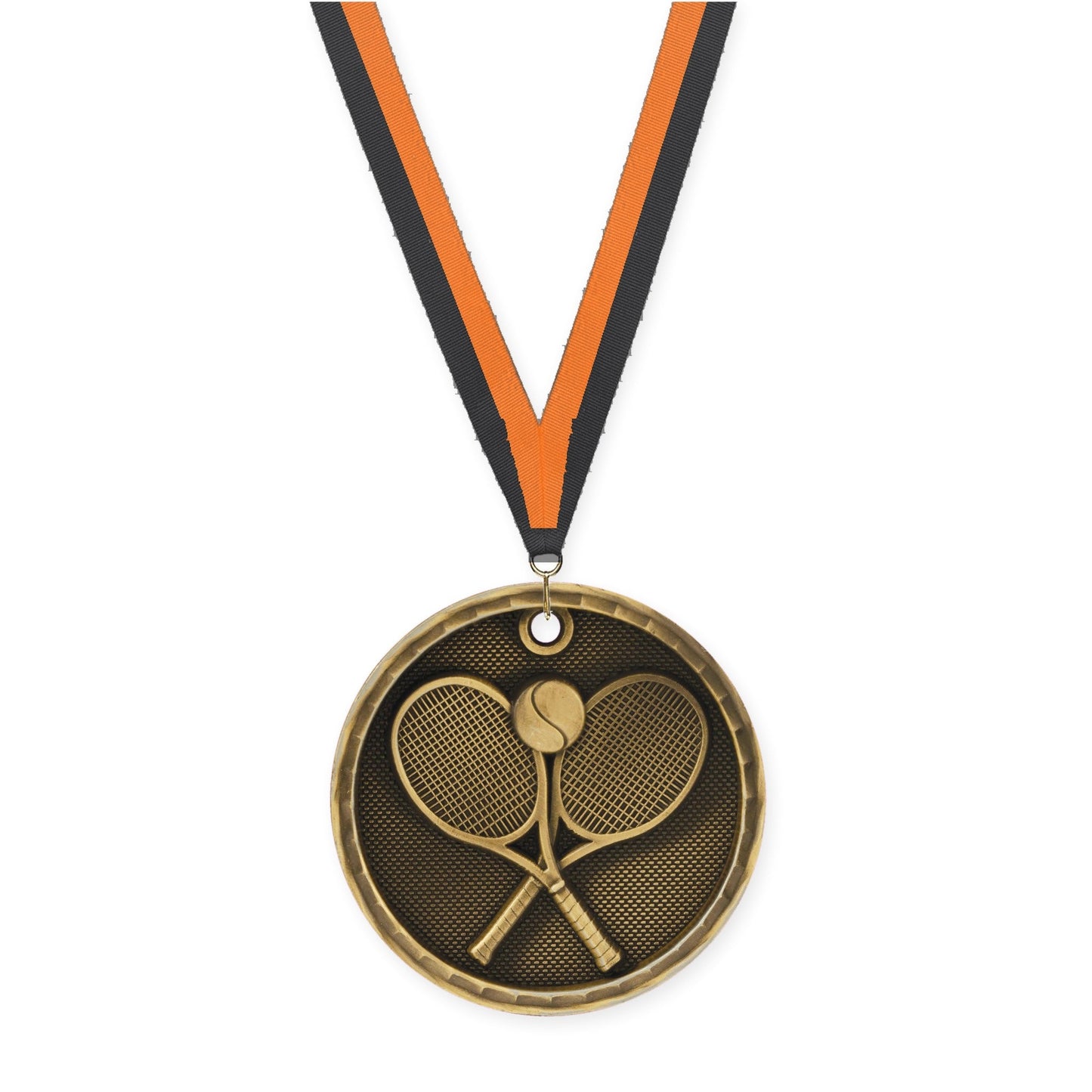 2 inch tennis 3-D medal in antique gold with Black Orange neck ribbon