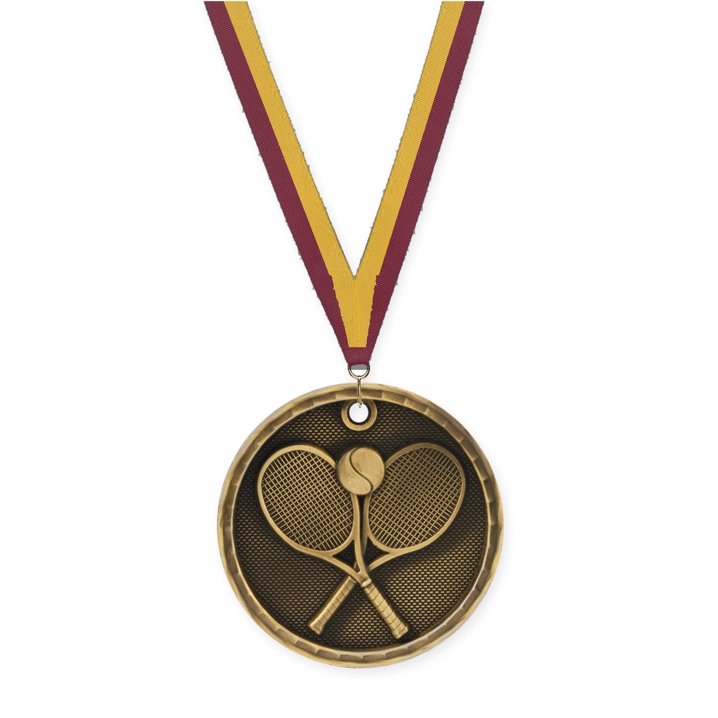 2 inch tennis 3-D medal in antique gold with Maroon Gold neck ribbon