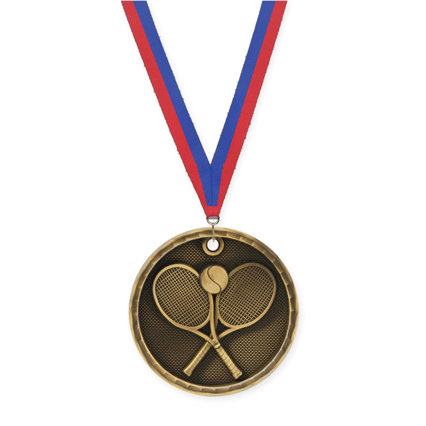 2 inch tennis 3-D medal in antique gold with Blue Red neck ribbon