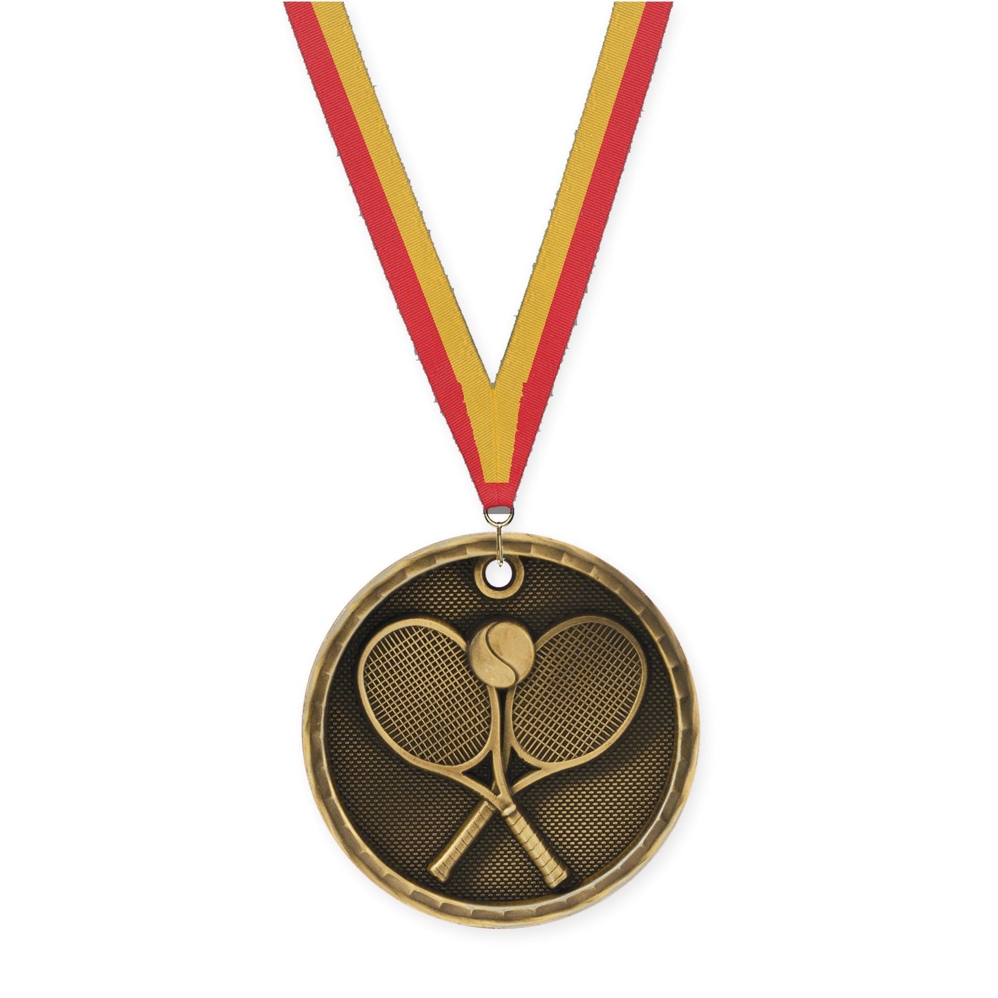2 inch tennis 3-D medal in antique gold with Red Gold neck ribbon