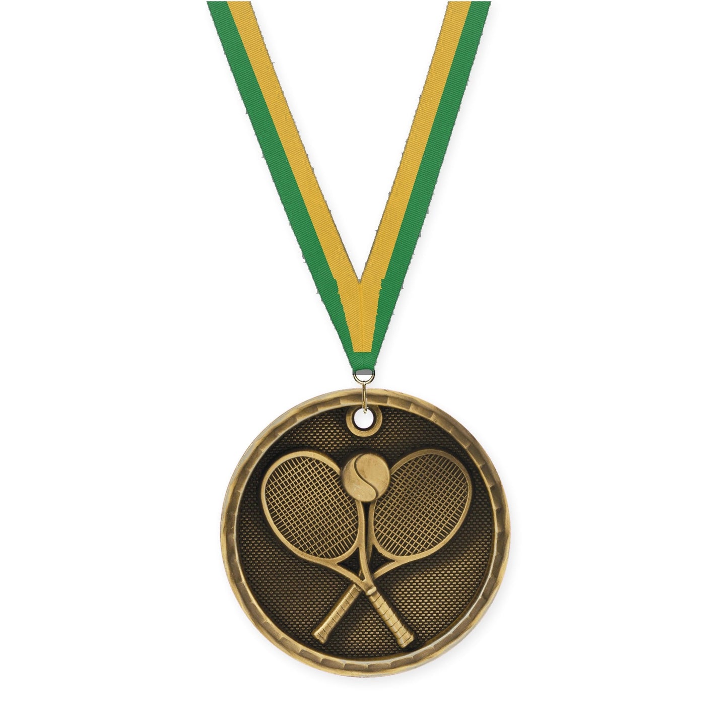 2 inch tennis 3-D medal in antique gold with Green Gold neck ribbon