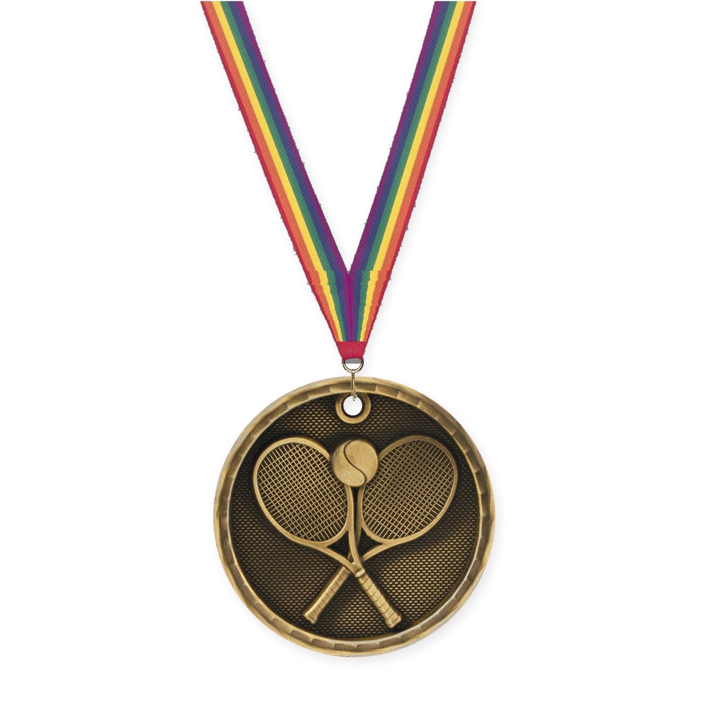2 inch tennis 3-D medal in antique gold with Rainbow neck ribbon