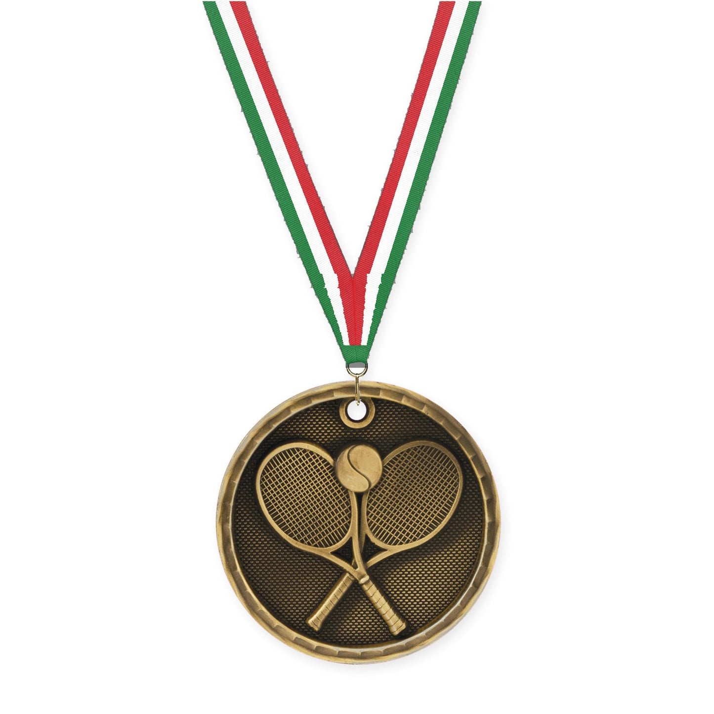 2 inch tennis 3-D medal in antique gold with Green White Red neck ribbon