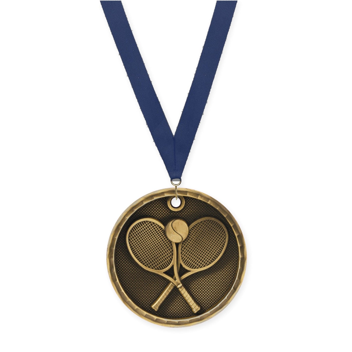 2 inch tennis 3-D medal in antique gold with Navy neck ribbon