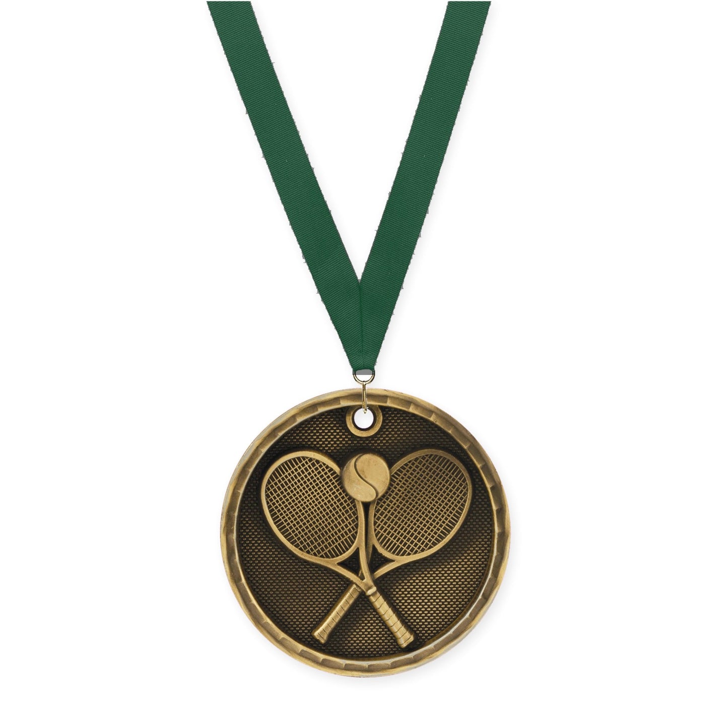 2 inch tennis 3-D medal in antique gold with Hunter Green neck ribbon