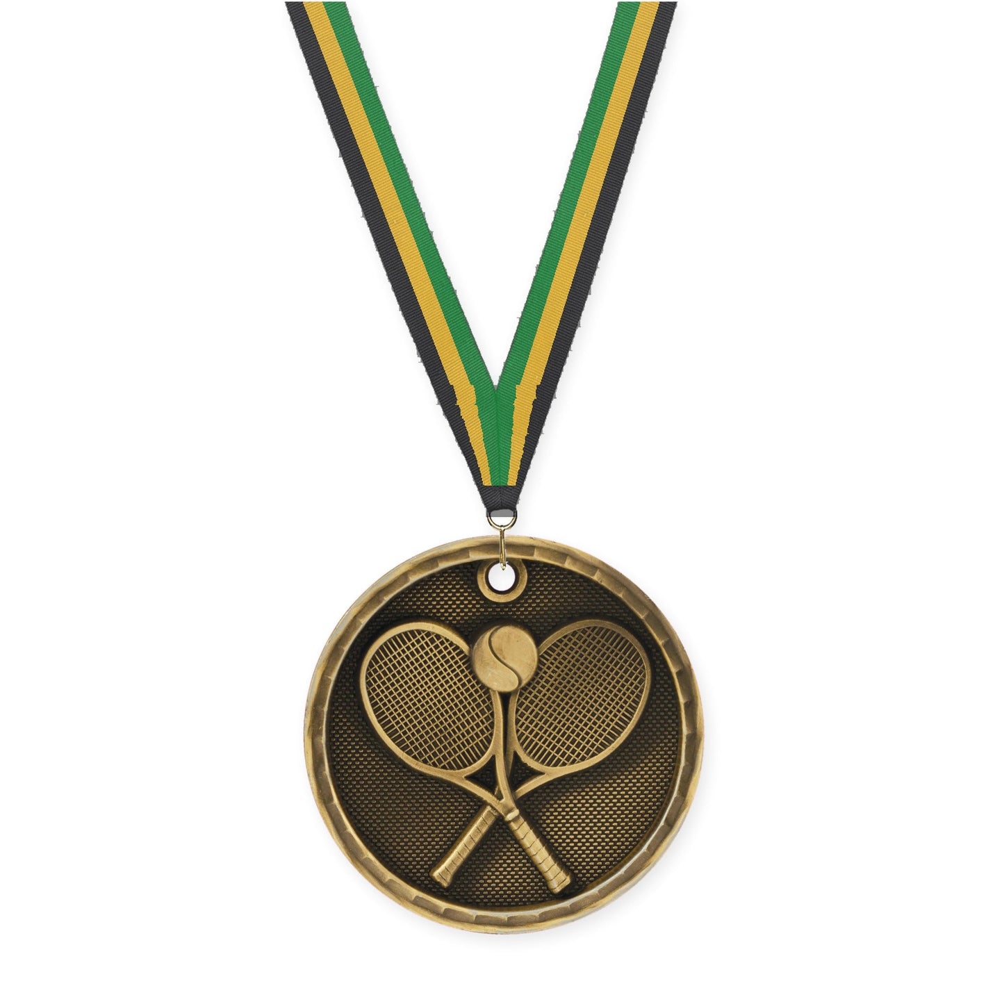 2 inch tennis 3-D medal in antique gold with Black Gold Green neck ribbon