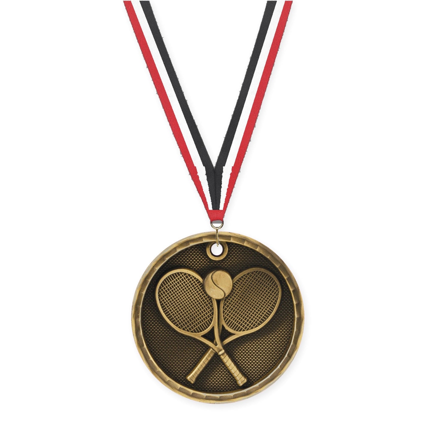2 inch tennis 3-D medal in antique gold with Red White Black neck ribbon