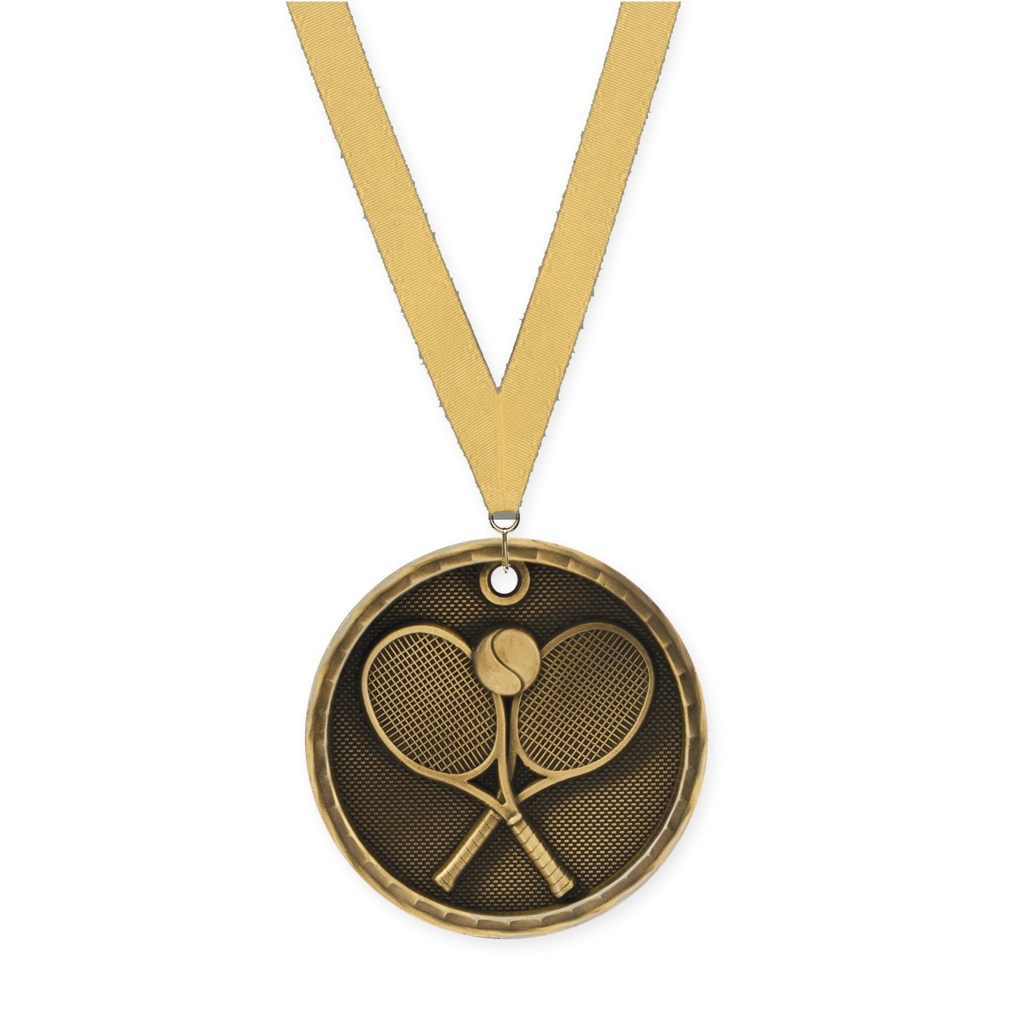 2 inch tennis 3-D medal in antique gold with Gold Metallic neck ribbon