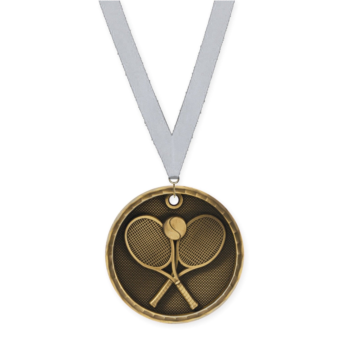 2 inch tennis 3-D medal in antique gold with Silver Metallic neck ribbon