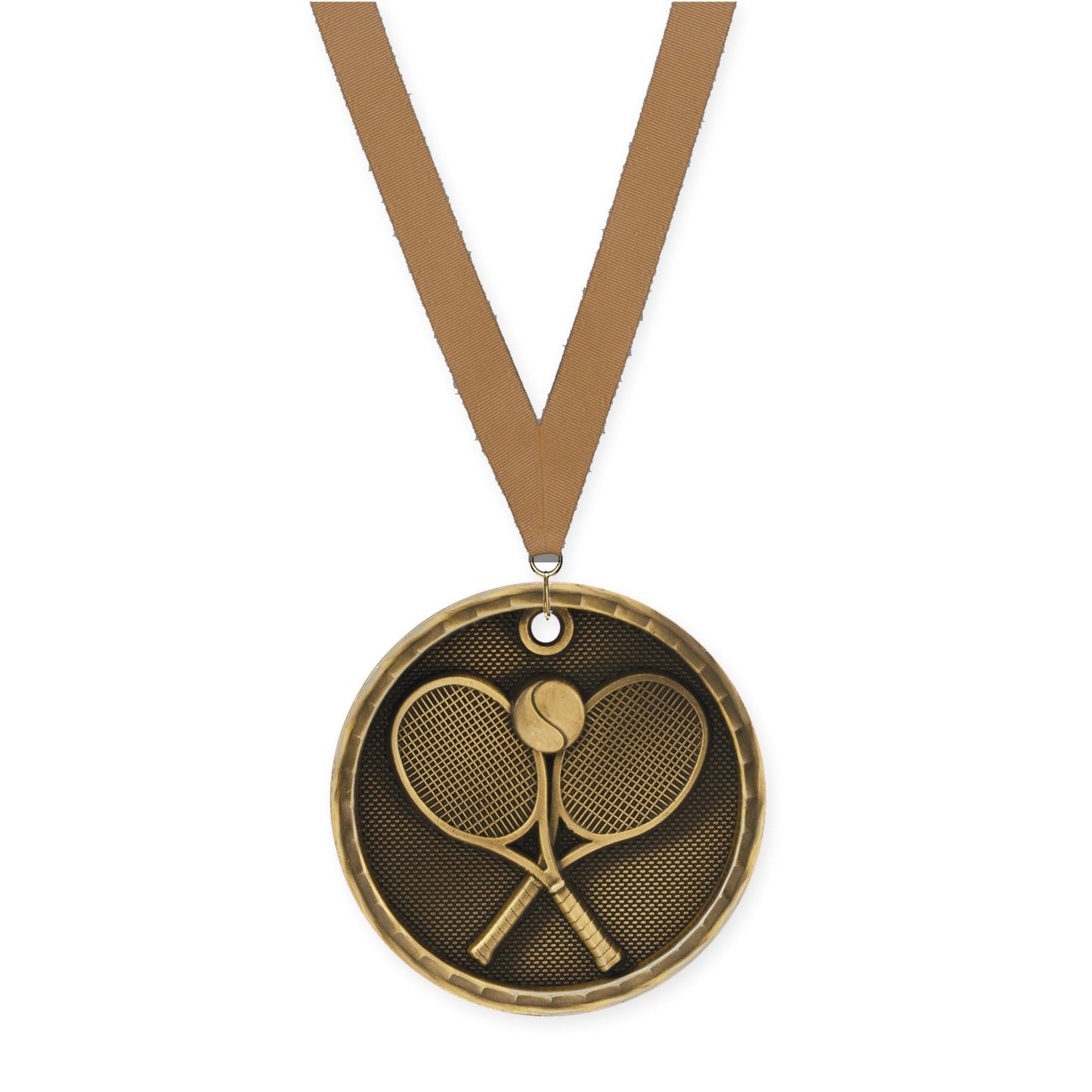 2 inch tennis 3-D medal in antique gold with Bronze Metallic neck ribbon