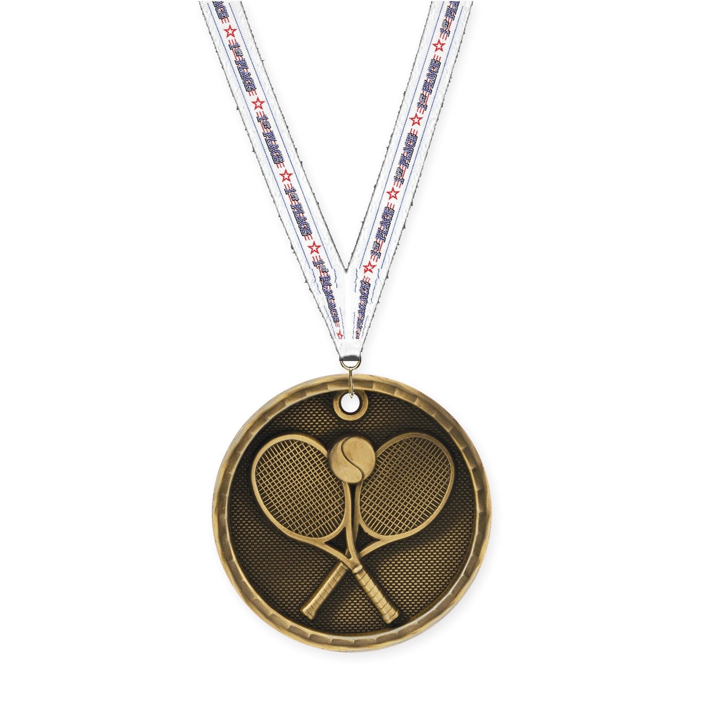 2 inch tennis 3-D medal in antique gold with 1st Place neck ribbon