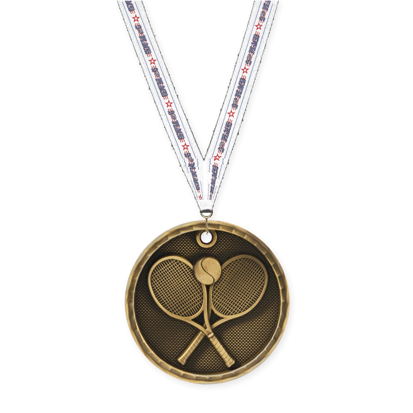 2 inch tennis 3-D medal in antique gold with 2nd Place neck ribbon