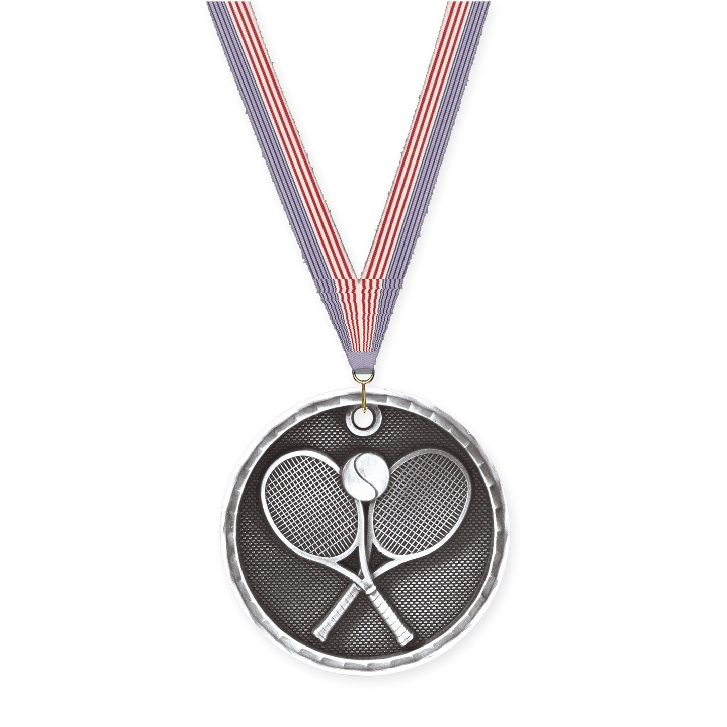 2 inch tennis 3-D medal in antique silver with USA Flag neck ribbon