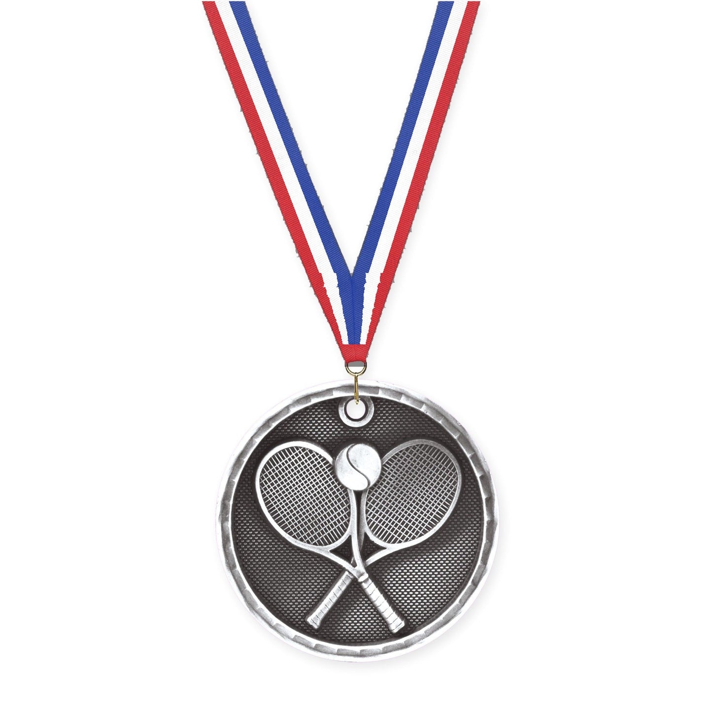 2 inch tennis 3-D medal in antique silver with Red White Blue neck ribbon