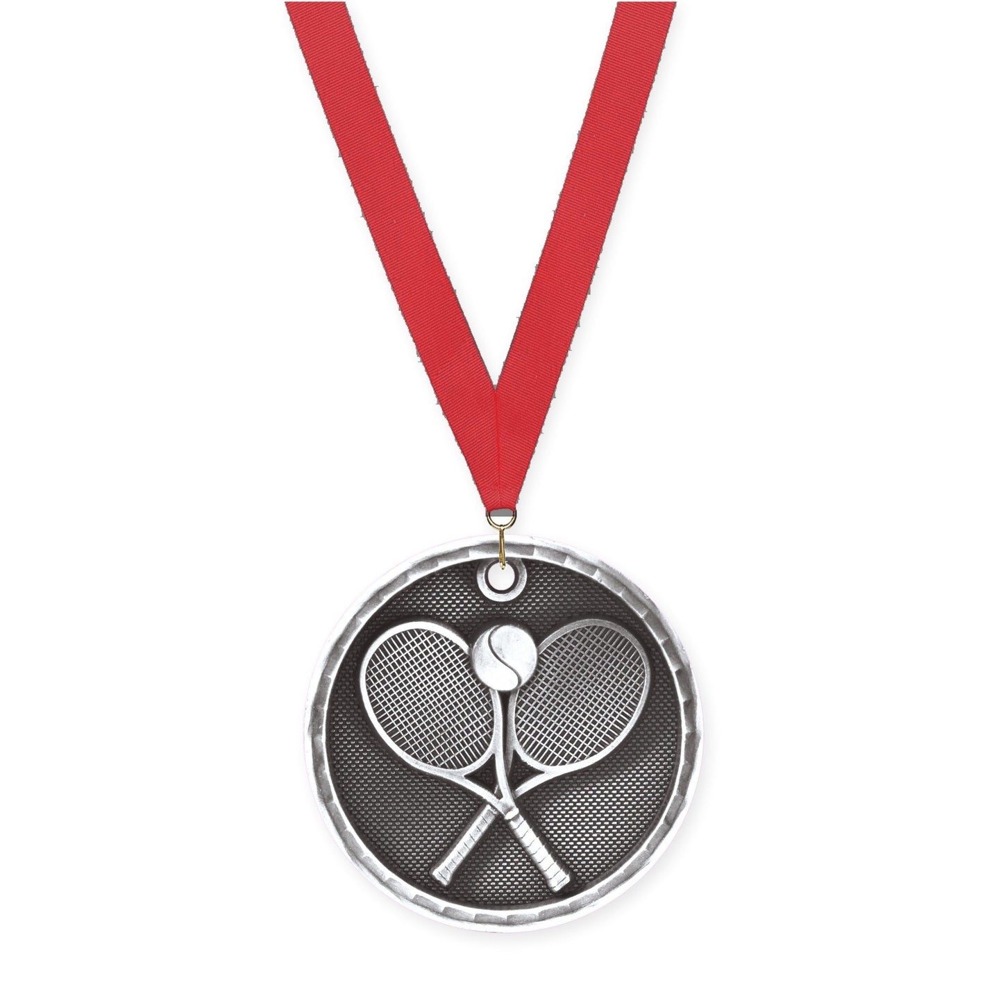 2 inch tennis 3-D medal in antique silver with Red neck ribbon