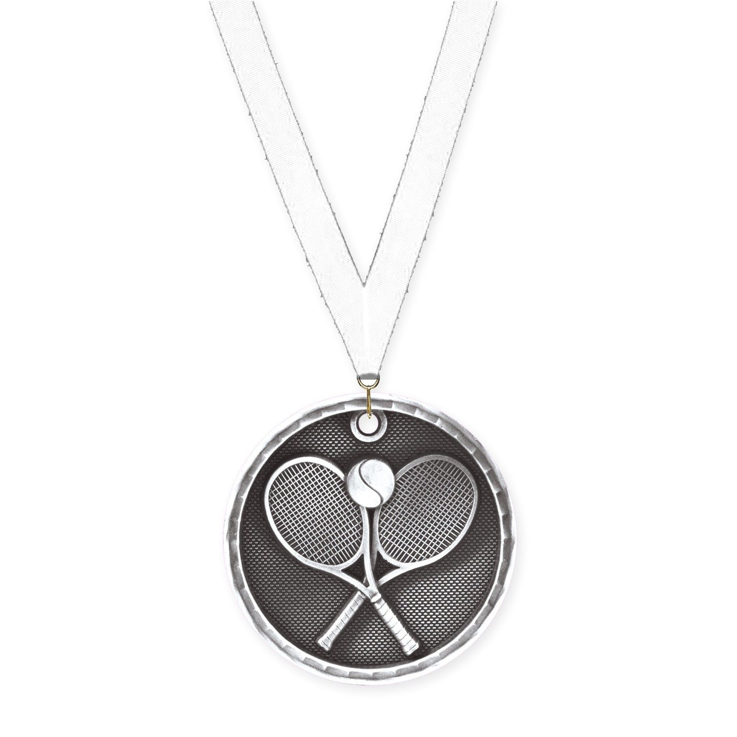 2 inch tennis 3-D medal in antique silver with White neck ribbon