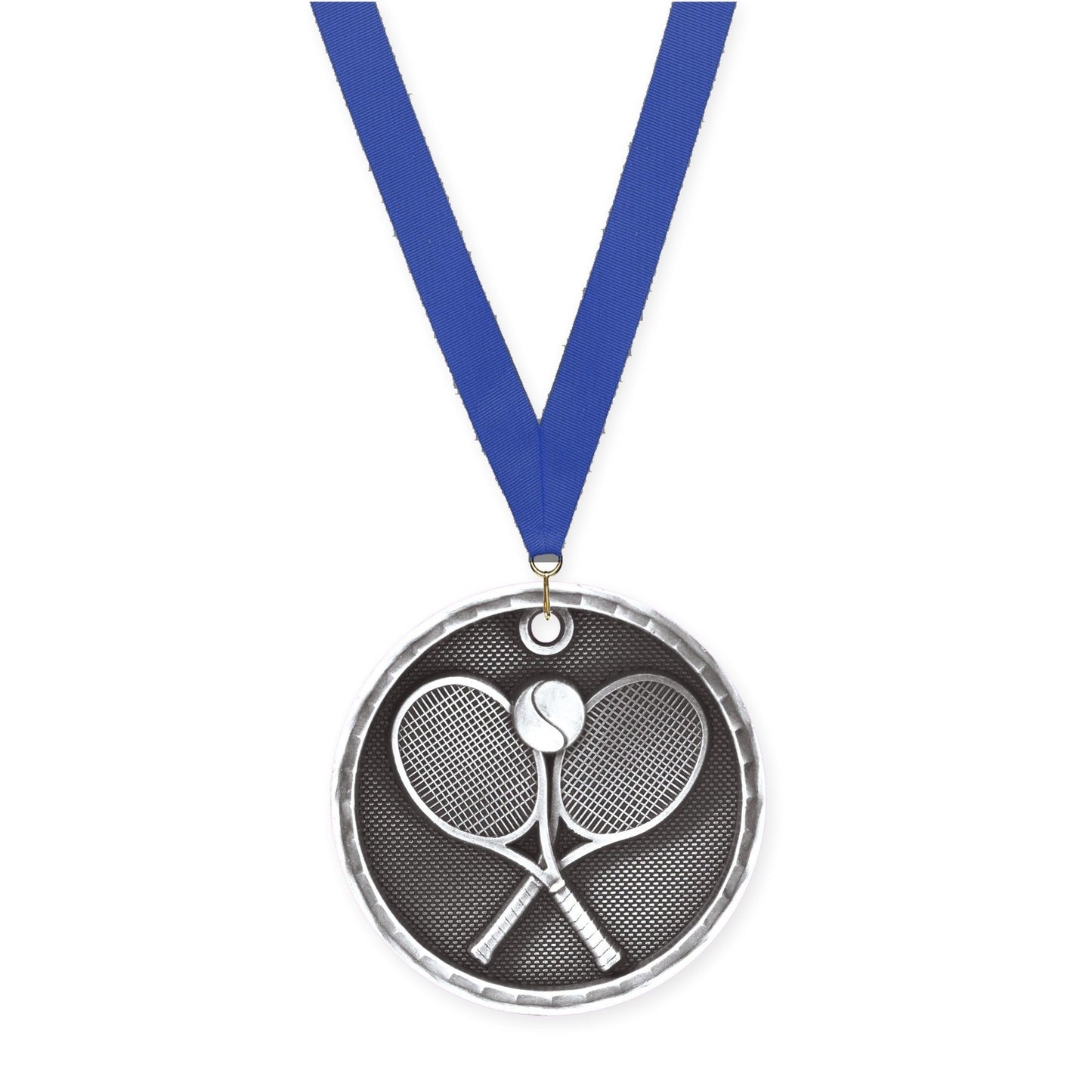 2 inch tennis 3-D medal in antique silver with Blue neck ribbon