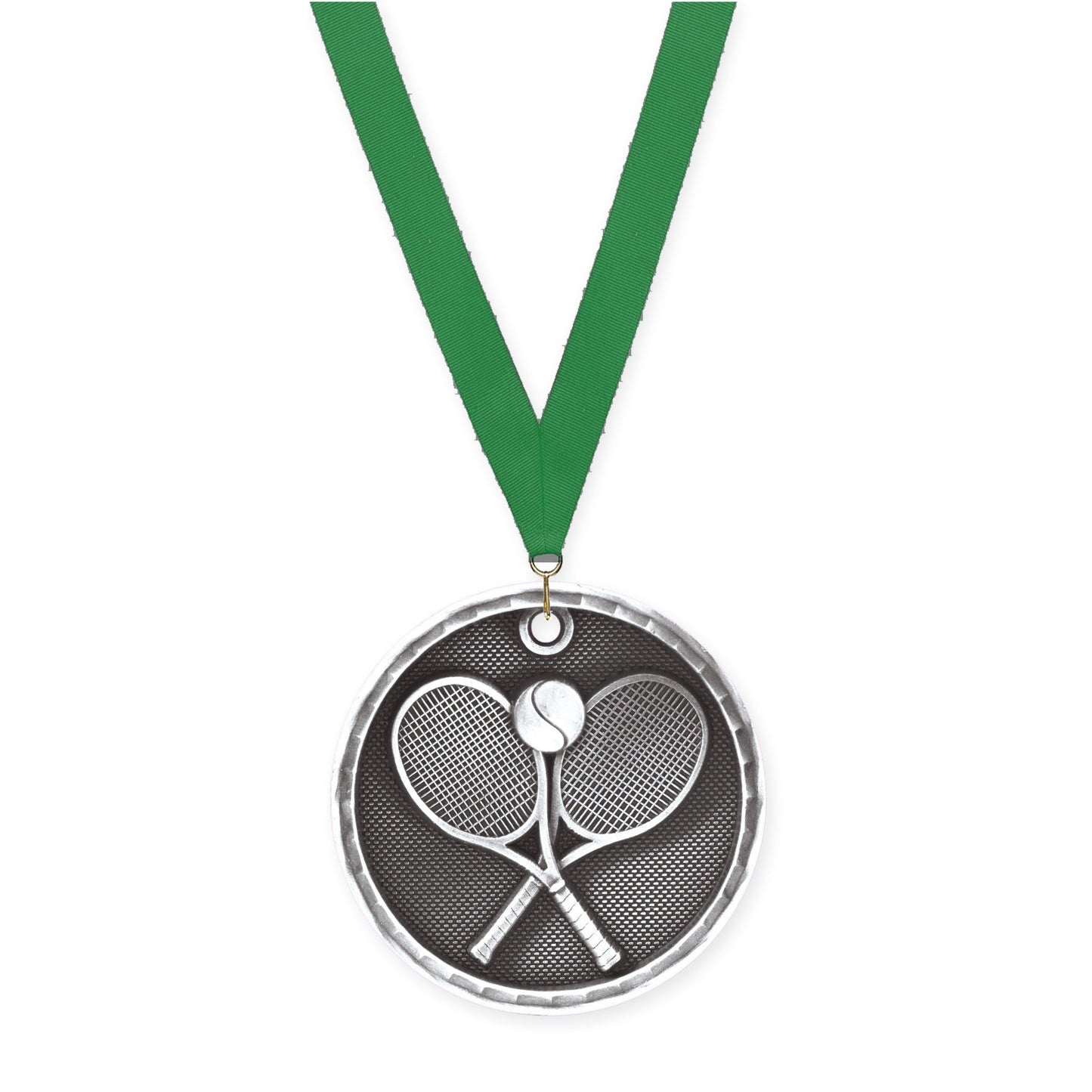 2 inch tennis 3-D medal in antique silver with Green neck ribbon