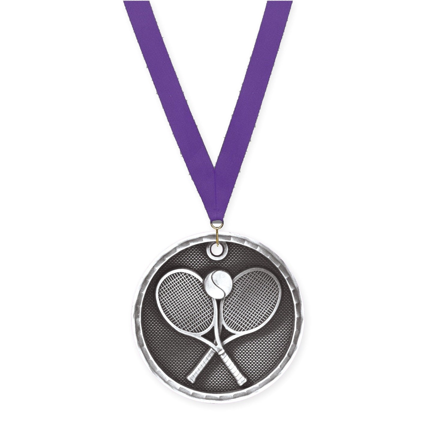 2 inch tennis 3-D medal in antique silver with Purple neck ribbon
